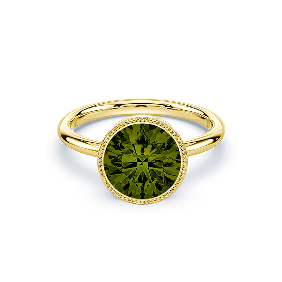 Green Round Cut 2.54ct Low Bezel Milgrain Ring