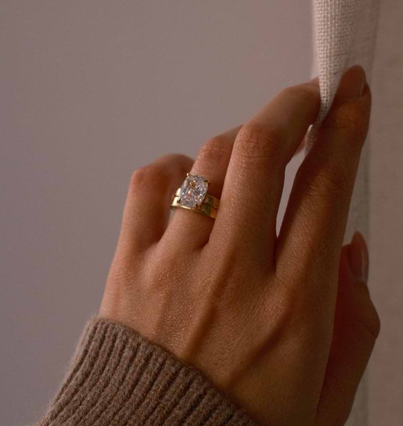 Cushion Cut Yellow Gold Wide Band Wedding Set