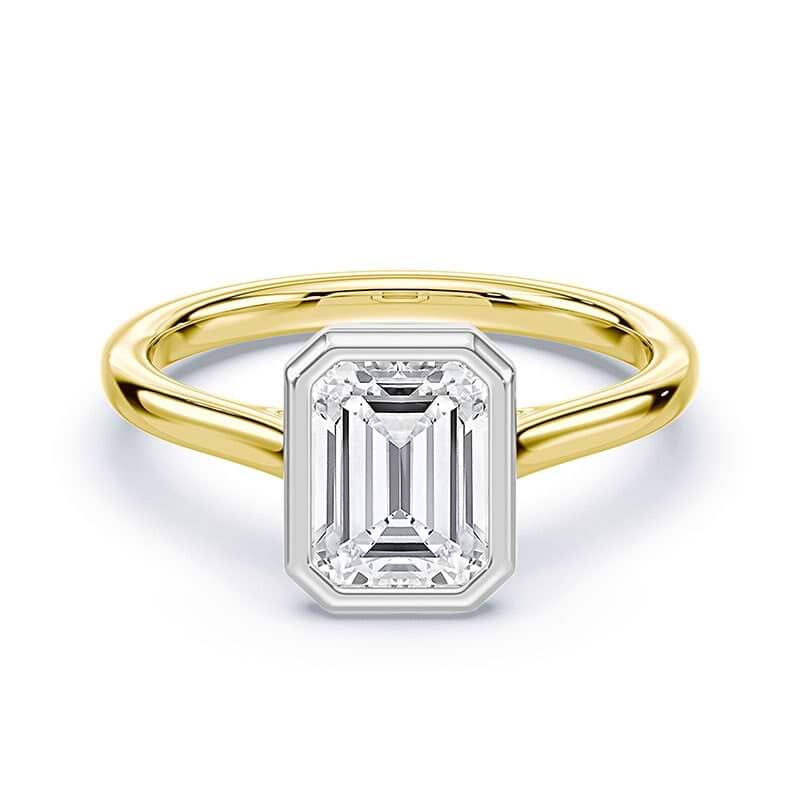 Emerald Cut Cathedral Bezel Ring Platinum and Yellow Gold
