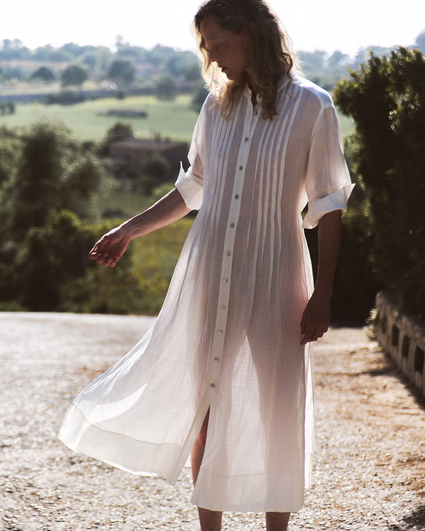 Women's Ramie Pintuck Pleat Shirt Dress - White