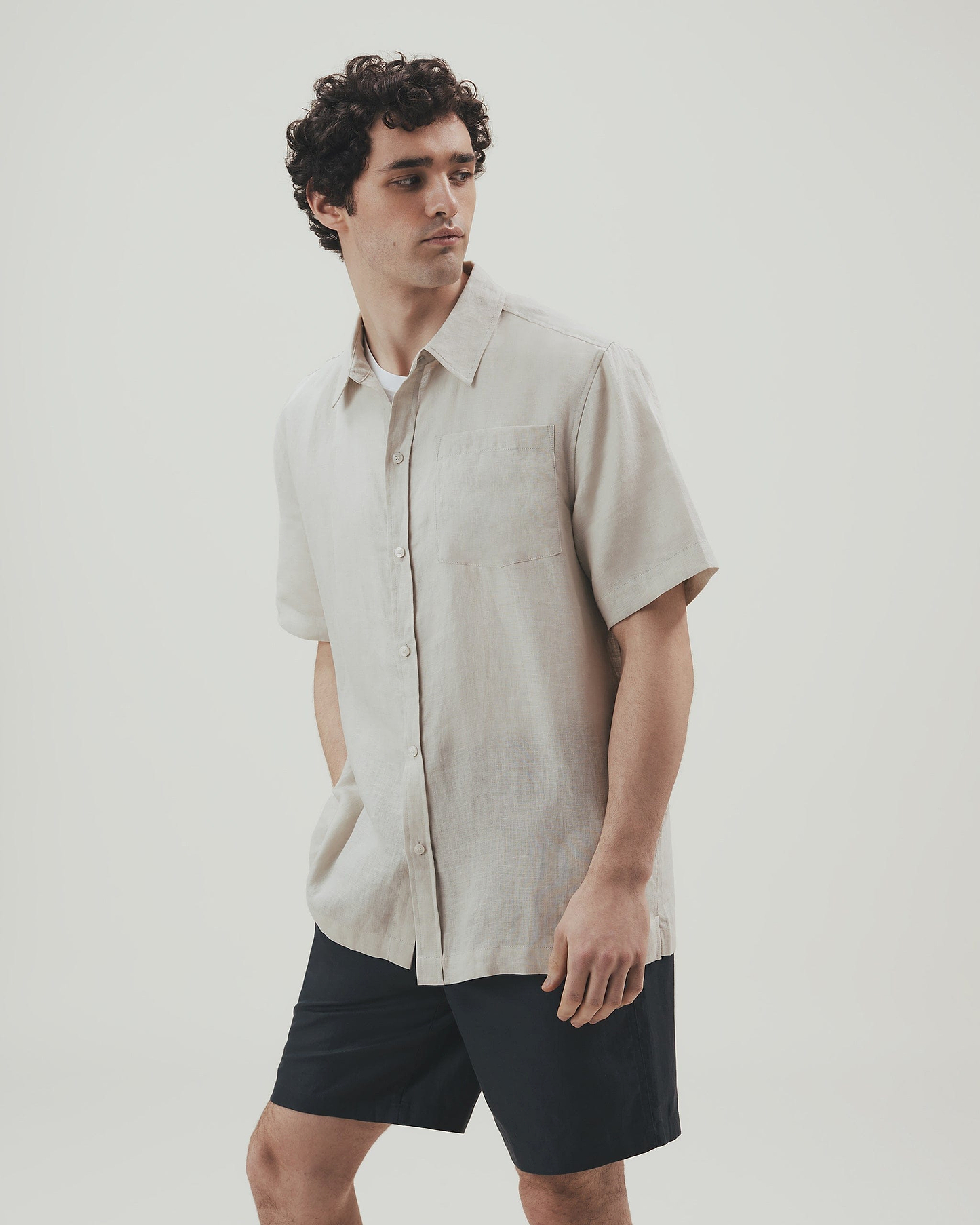 Men's Short Sleeved Organic Linen Shirt - Stone