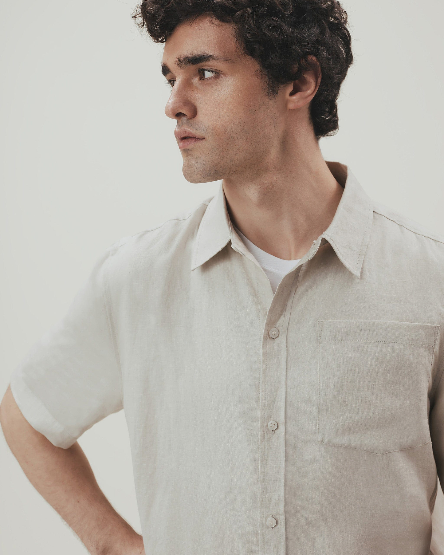 Men's Short Sleeved Organic Linen Shirt - Stone