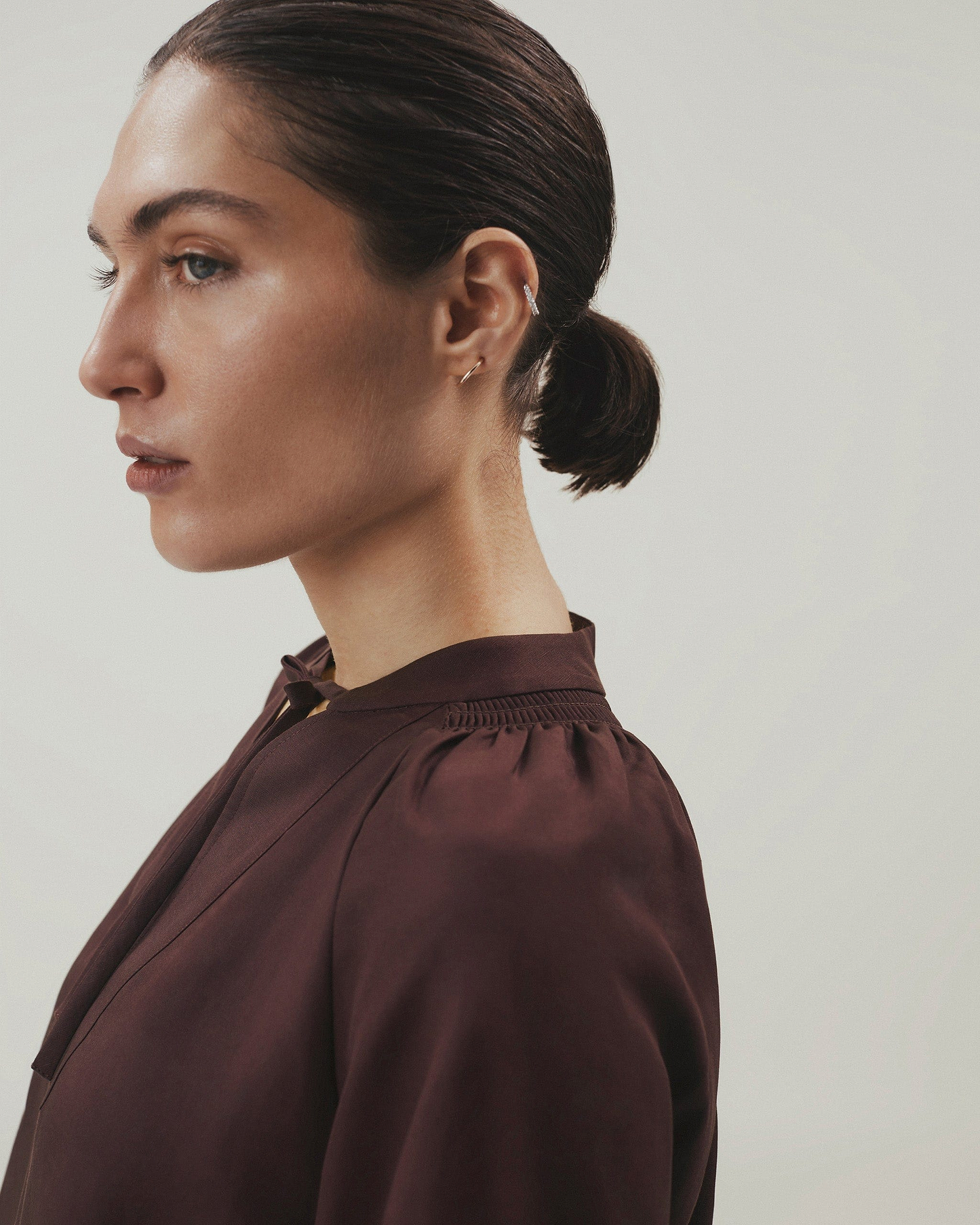 Women's Future-Linen Tie Neck Blouse - Umber