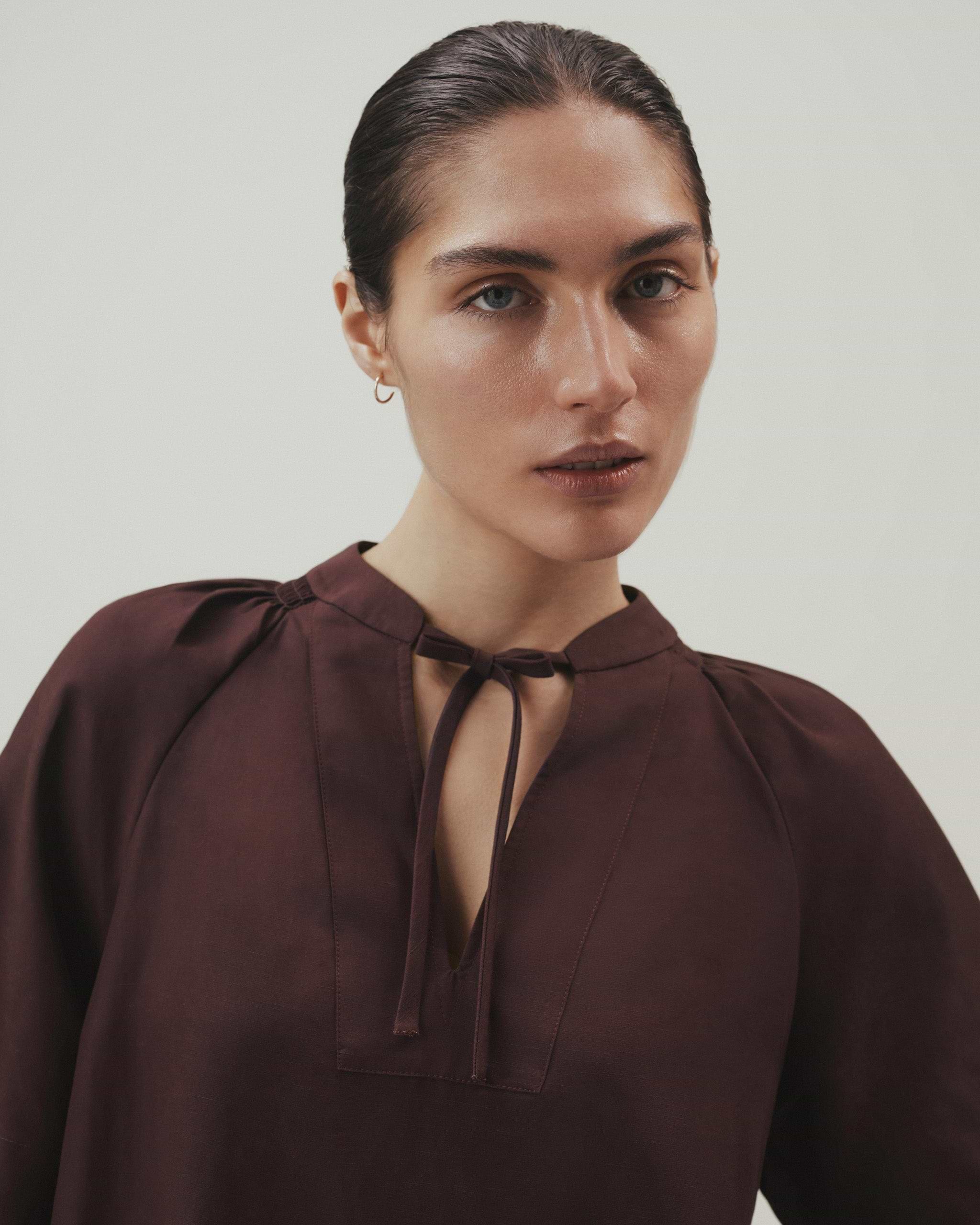 Women's Future-Linen Tie Neck Blouse - Umber