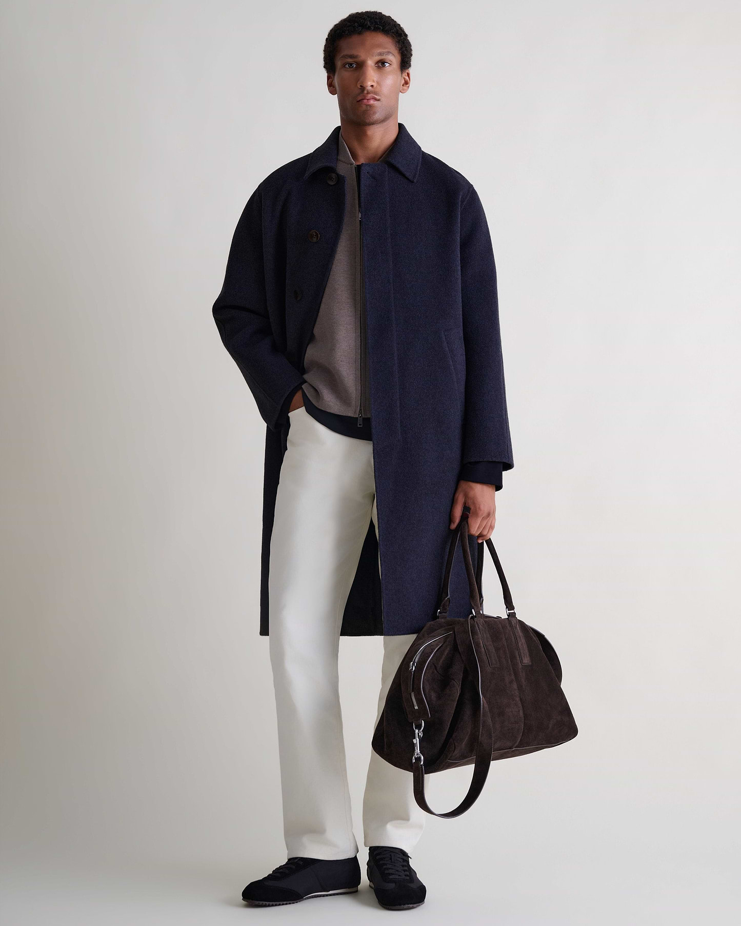 Men's Cashmere Wool Double Faced Car Coat - Navy