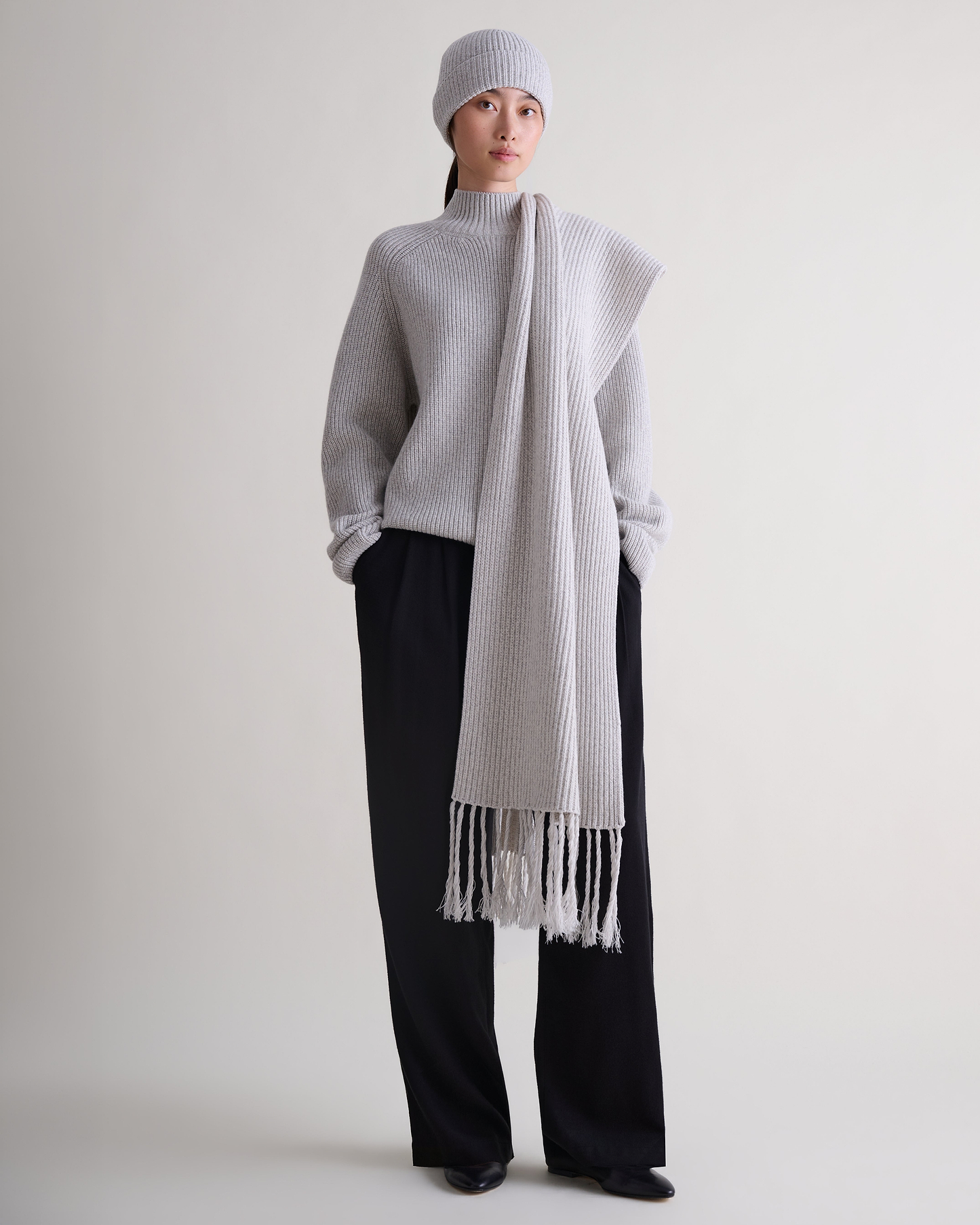 Cashmere Merino Twisted Fringe Wrap - Travertine Moulinee