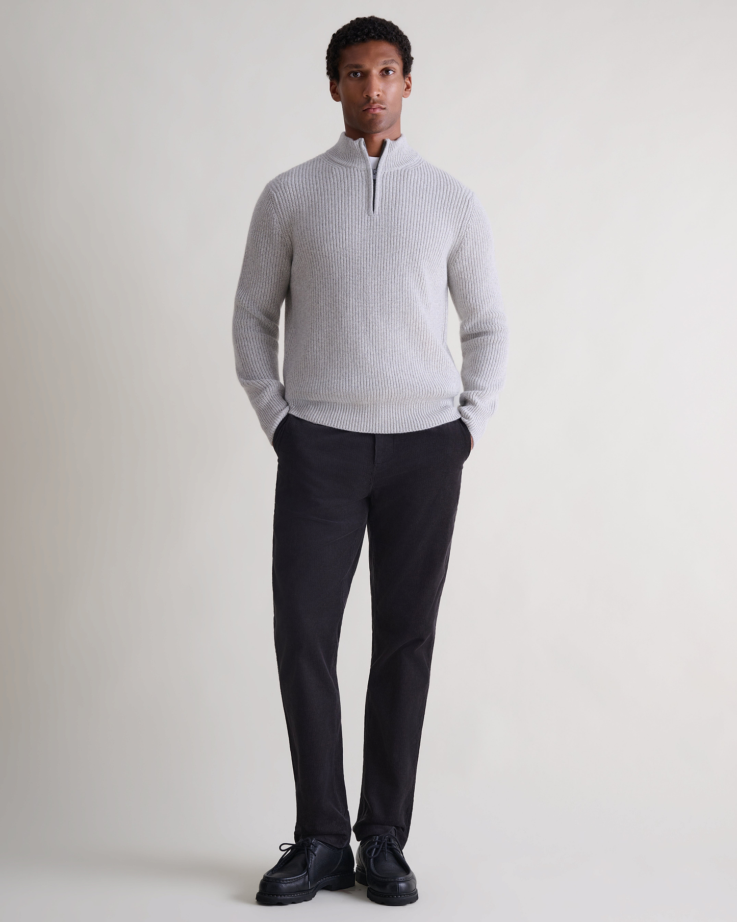 Men's Cashmere Merino Fishermans Rib 1/4 Zip Jumper - Travertine Moulinee