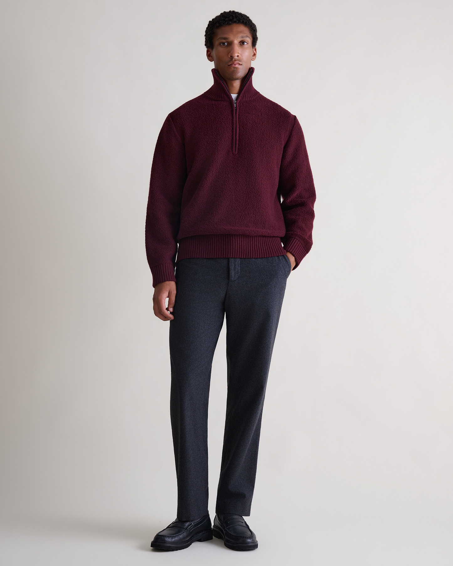 Merino Wool Loop Knit 1/4 Zip Jumper - Oxblood