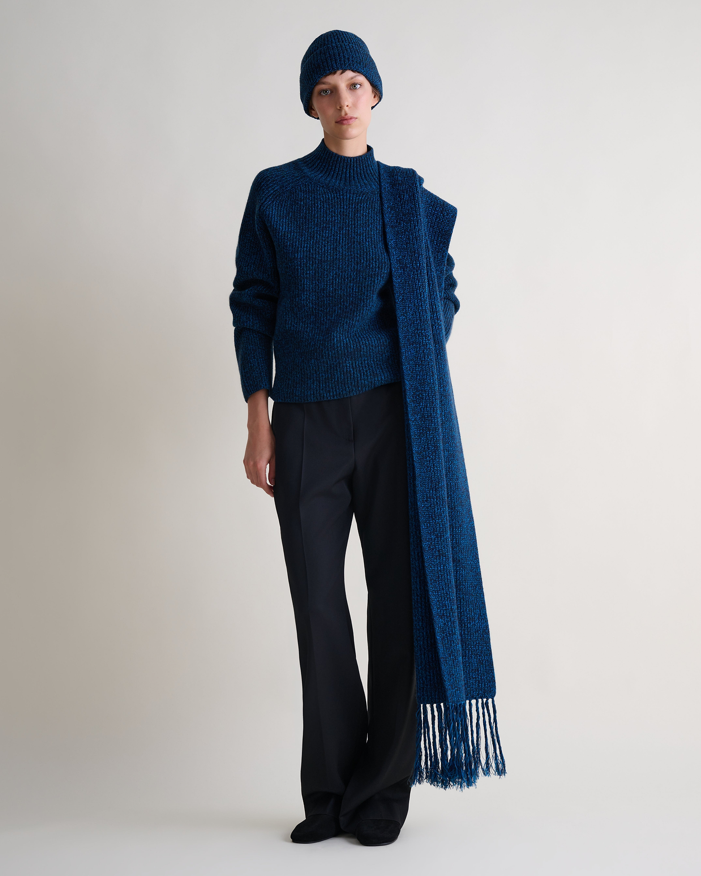 Women's Cashmere Merino Ribbed High Neck Jumper - Mood Indigo Moulinee