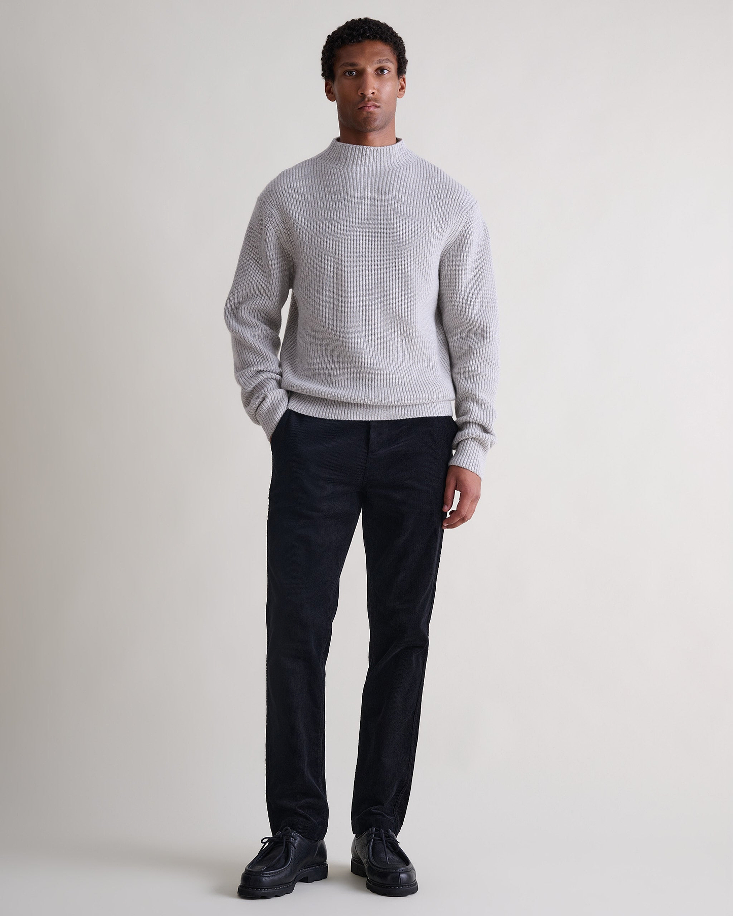 Men's Cashmere Merino Stand Neck Jumper - Travertine Moulinee