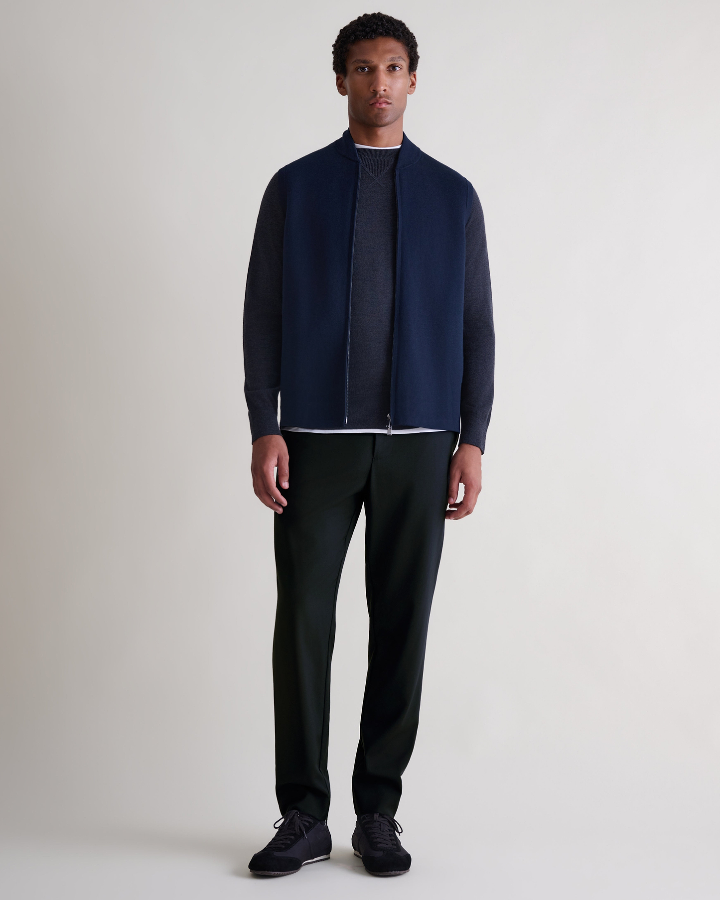 Men's Merino Cotton Zip Gilet - Mood Indigo/Walnut
