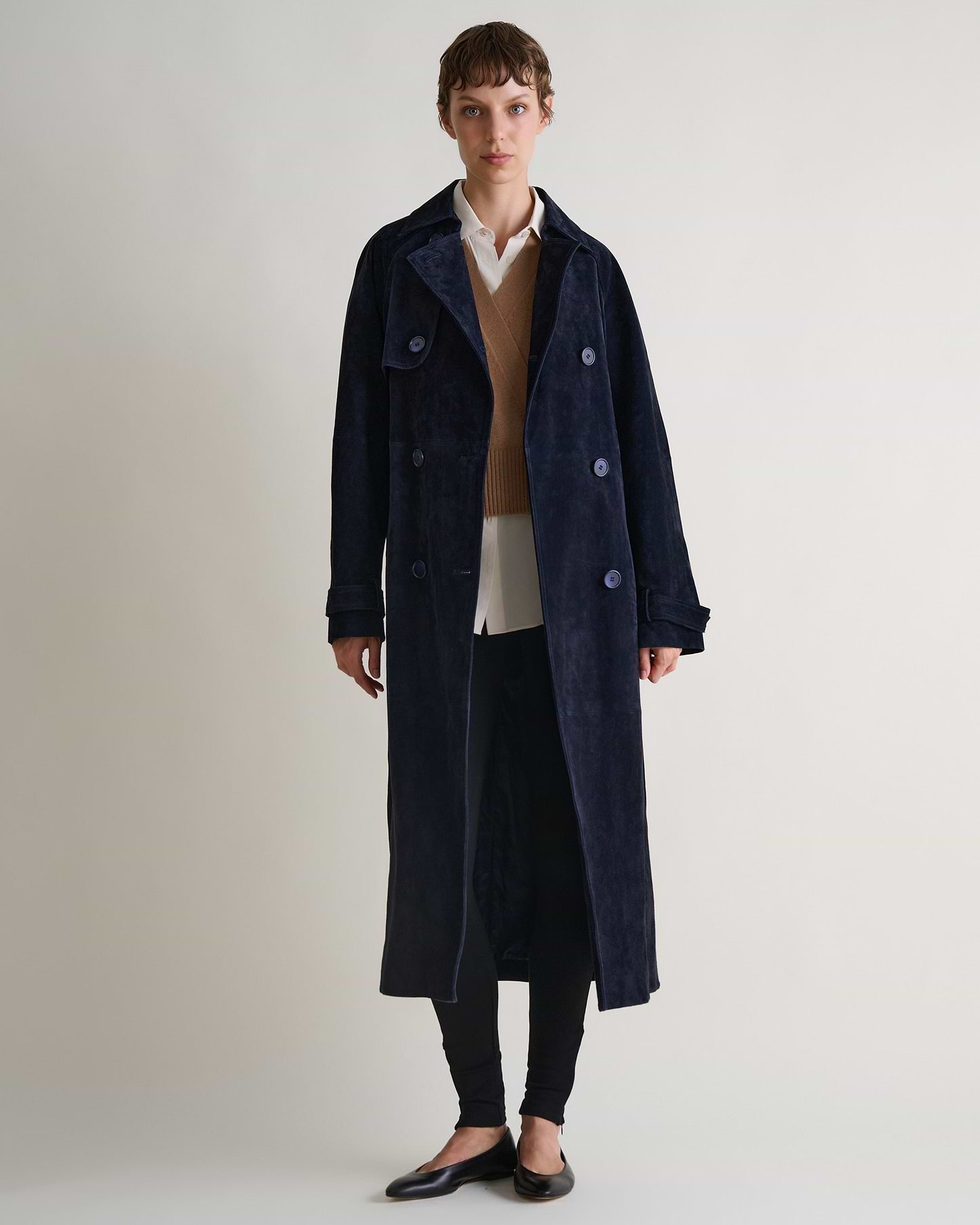Suede Trench Coat - Navy
