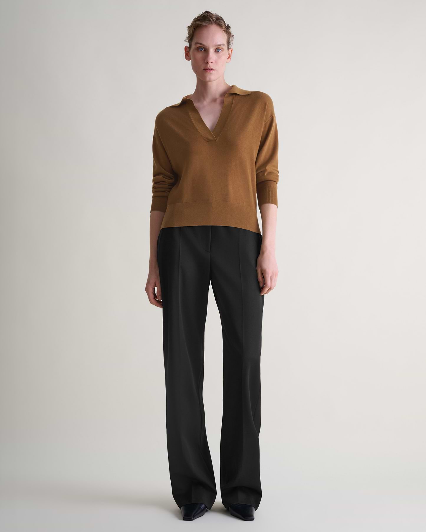 Women's TENCEL™ Cashmere Open Collar Polo - Deep Camel
