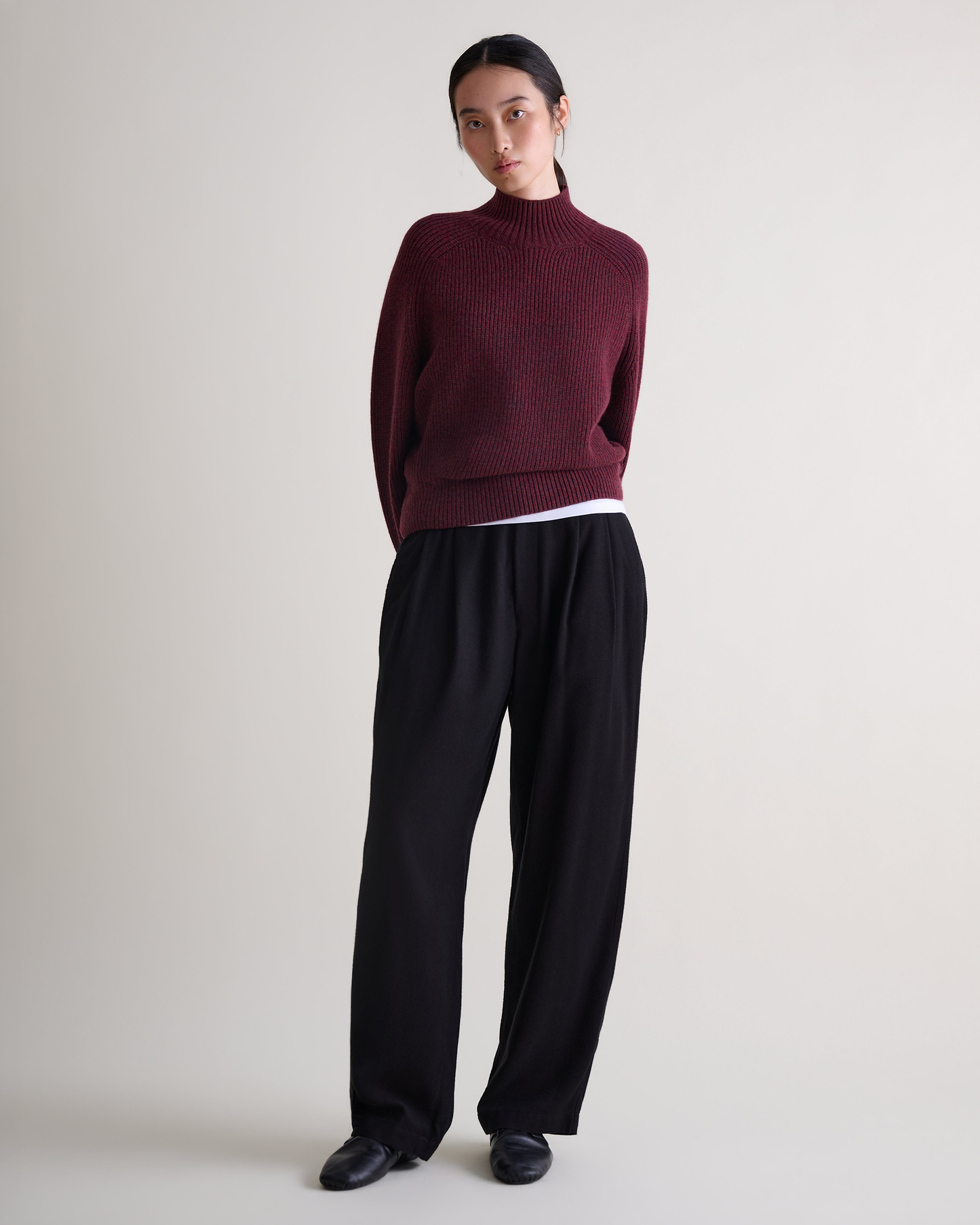 Women's Cashmere Merino Ribbed High Neck Jumper - Oxblood Moulinee