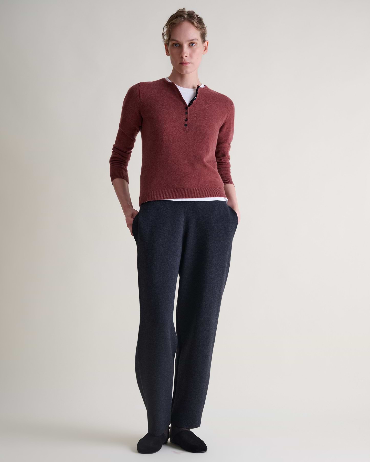 Women's Cashmere Merino Henley Jumper - Deep Clay