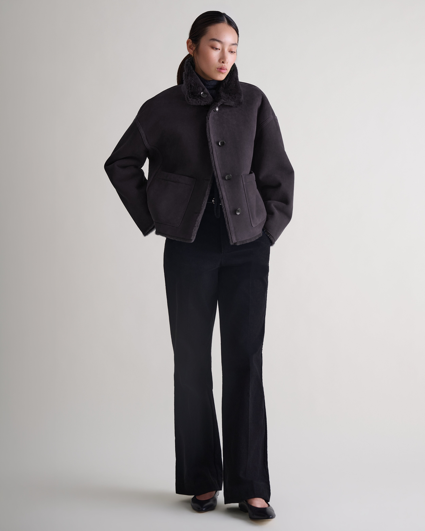 Women's Reversible Shearling Funnel Neck Jacket - Espresso
