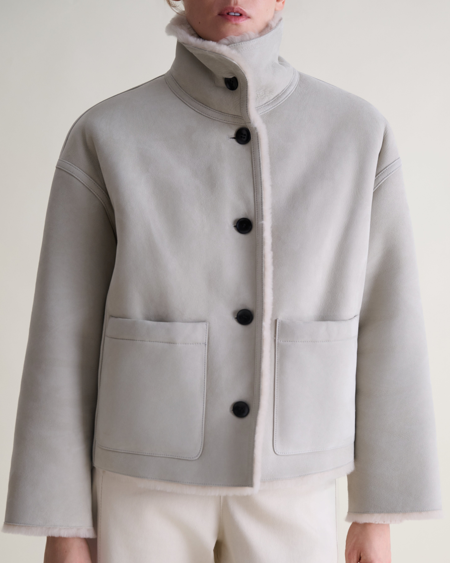 Women's Reversible Shearling Funnel Neck Jacket - Bone