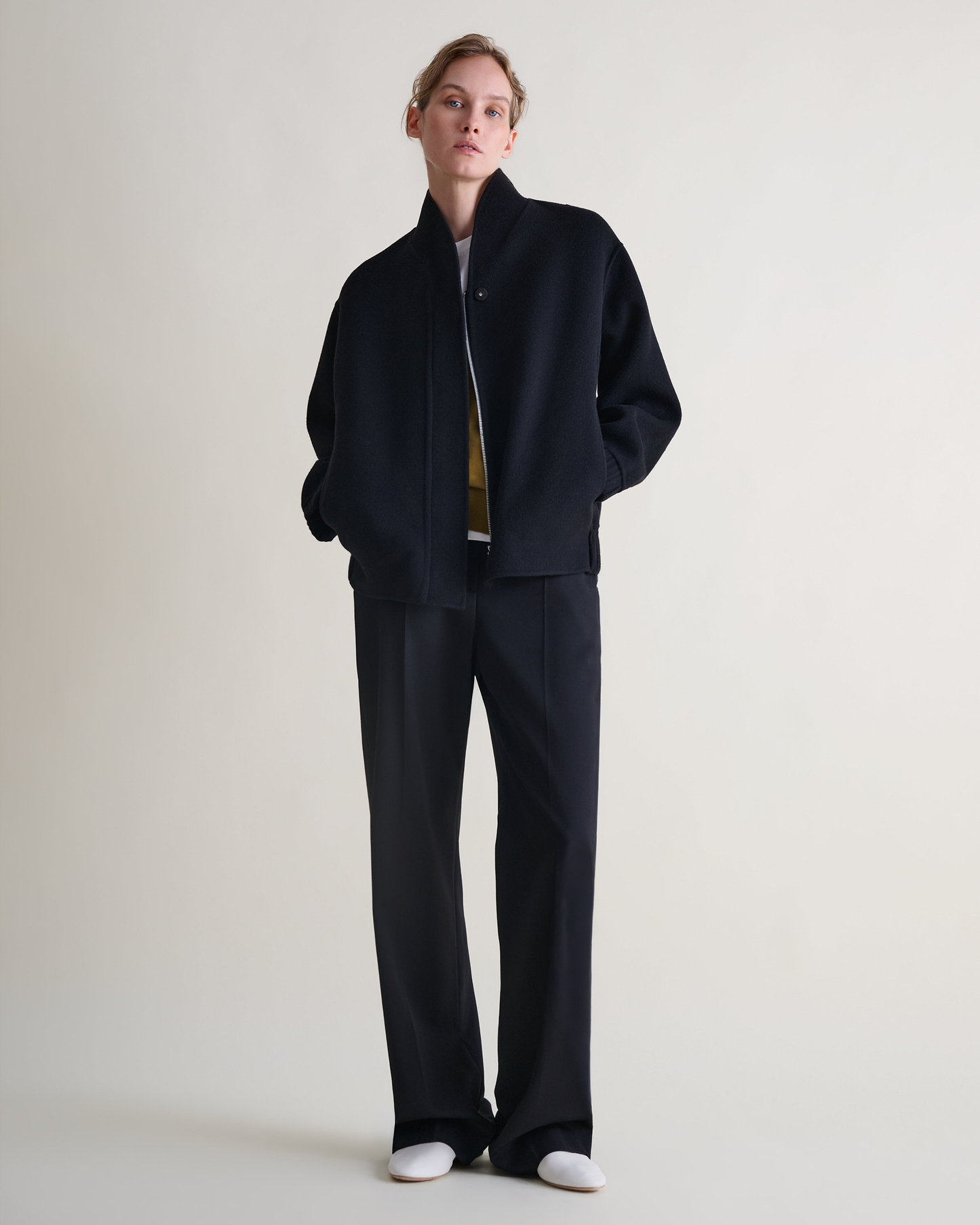 Women's Cashmere Wool Double Faced Bomber Jacket - Black