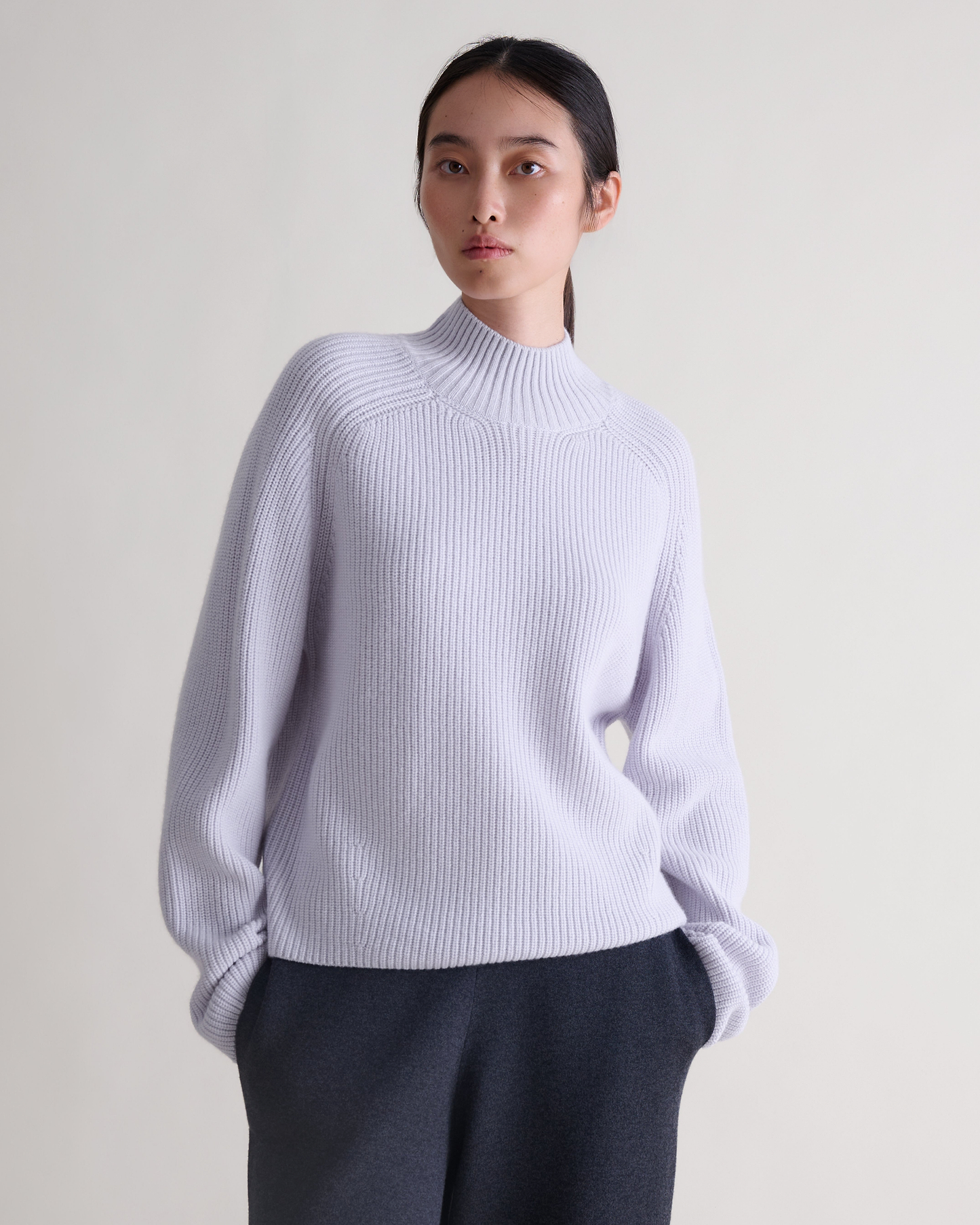 Women's Cashmere Merino Ribbed High Neck Jumper - Ice Blue