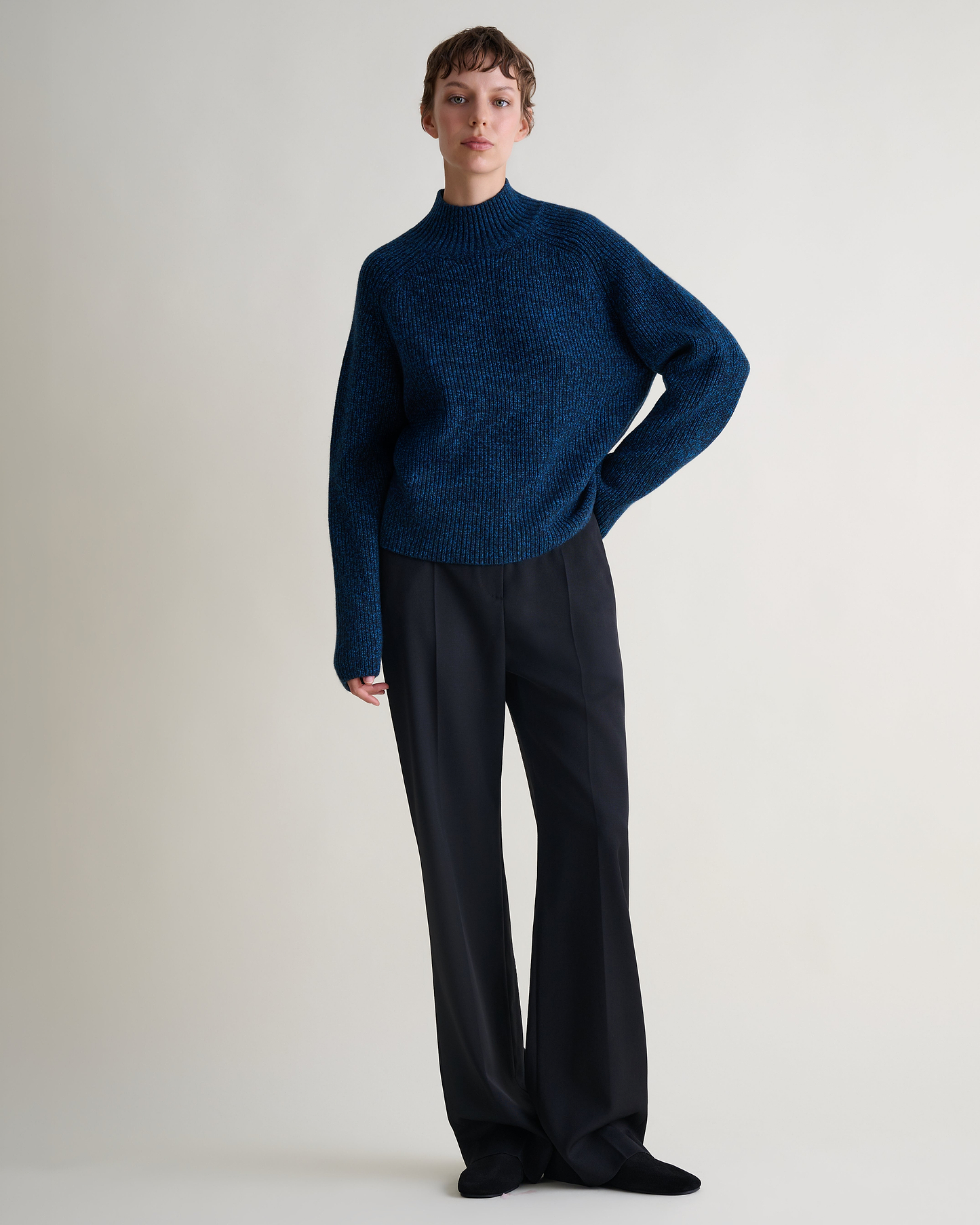 Women's Cashmere Merino Ribbed High Neck Jumper - Mood Indigo Moulinee