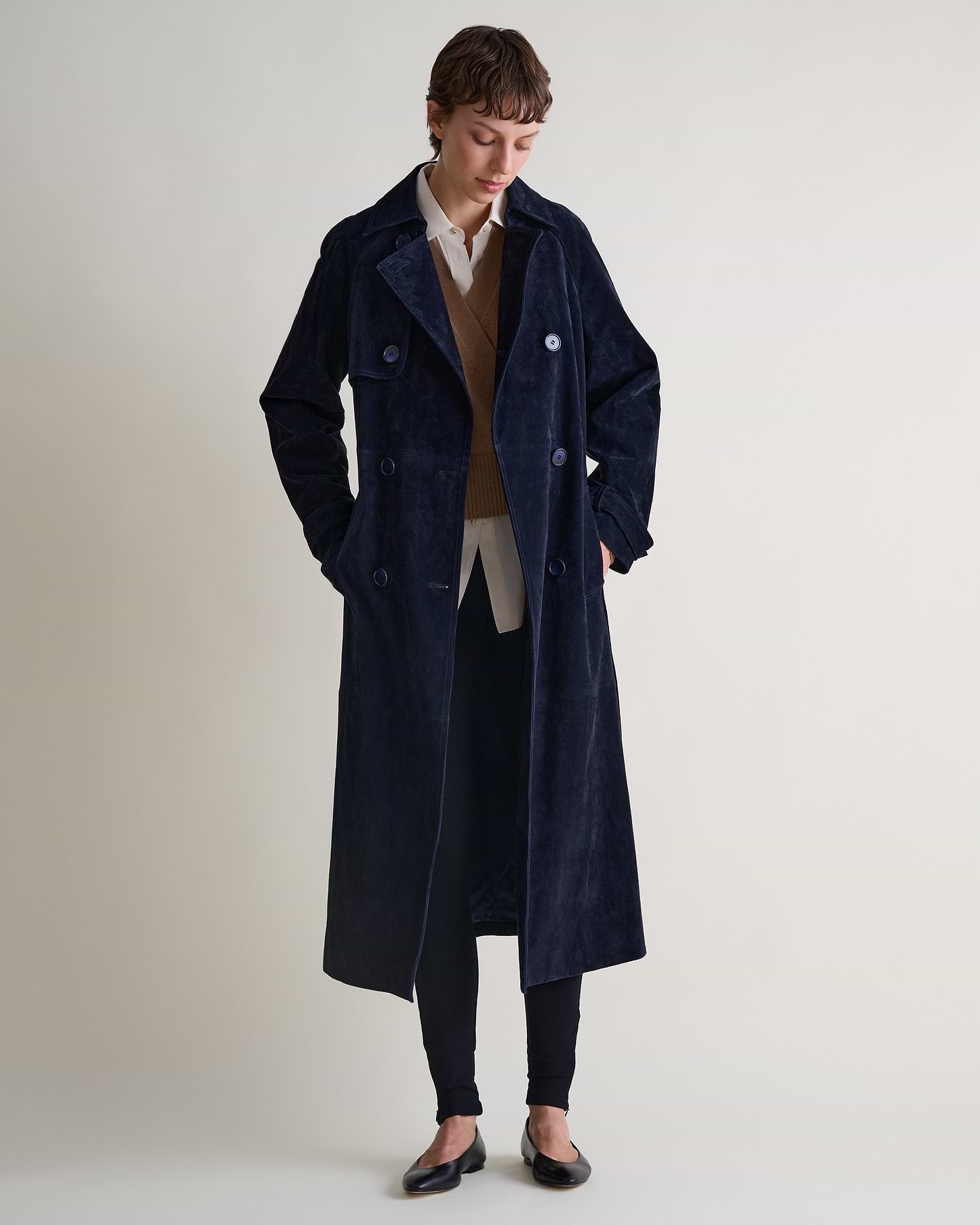 Suede Trench Coat - Navy