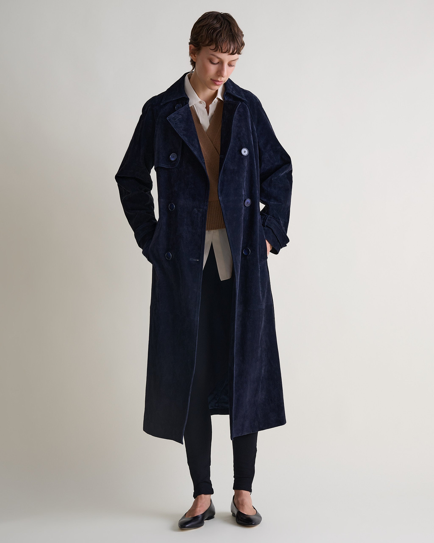Suede Trench Coat - Navy