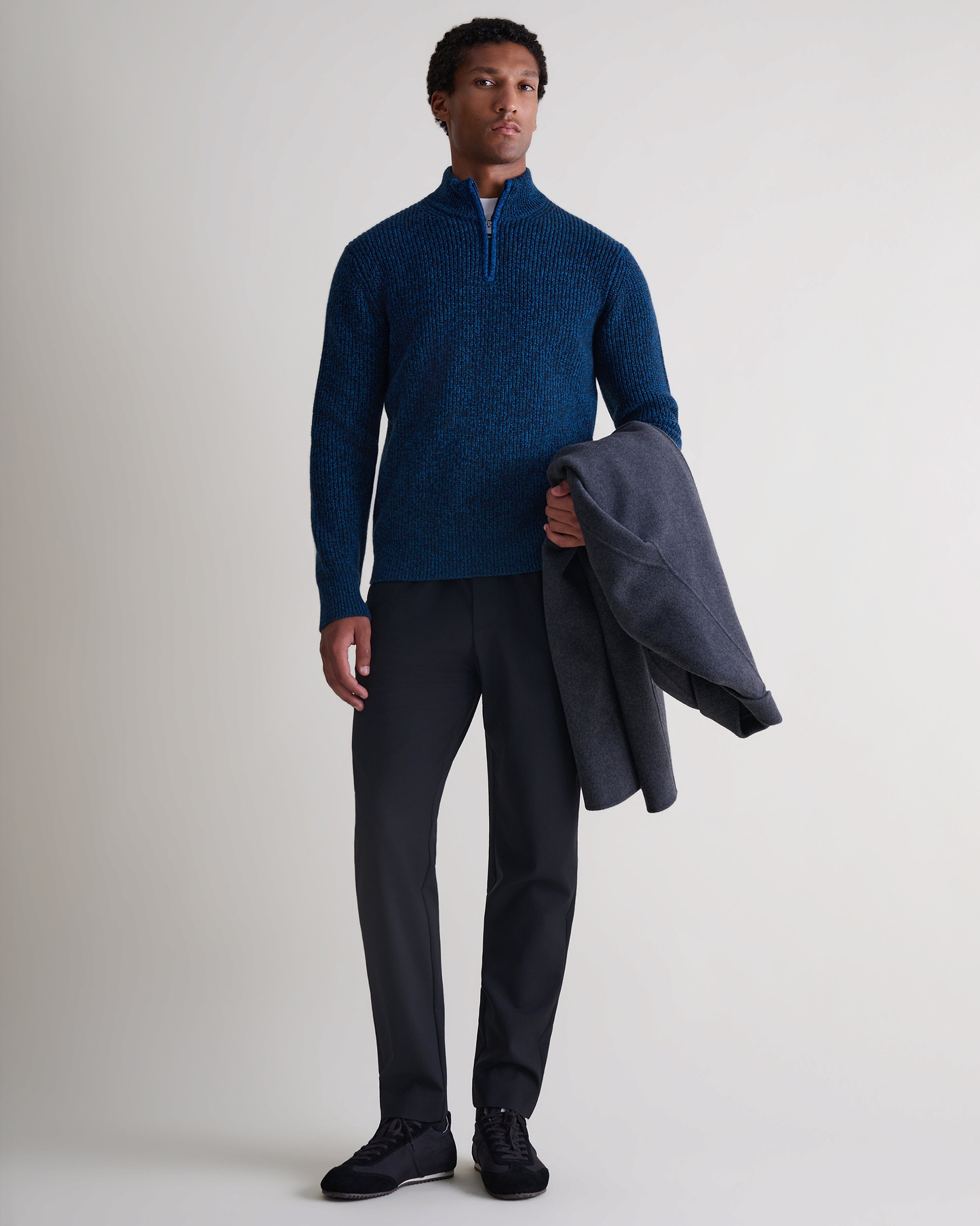 Men's Cashmere Merino Fishermans Rib 1/4 Zip Jumper - Mood Indigo Moulinee