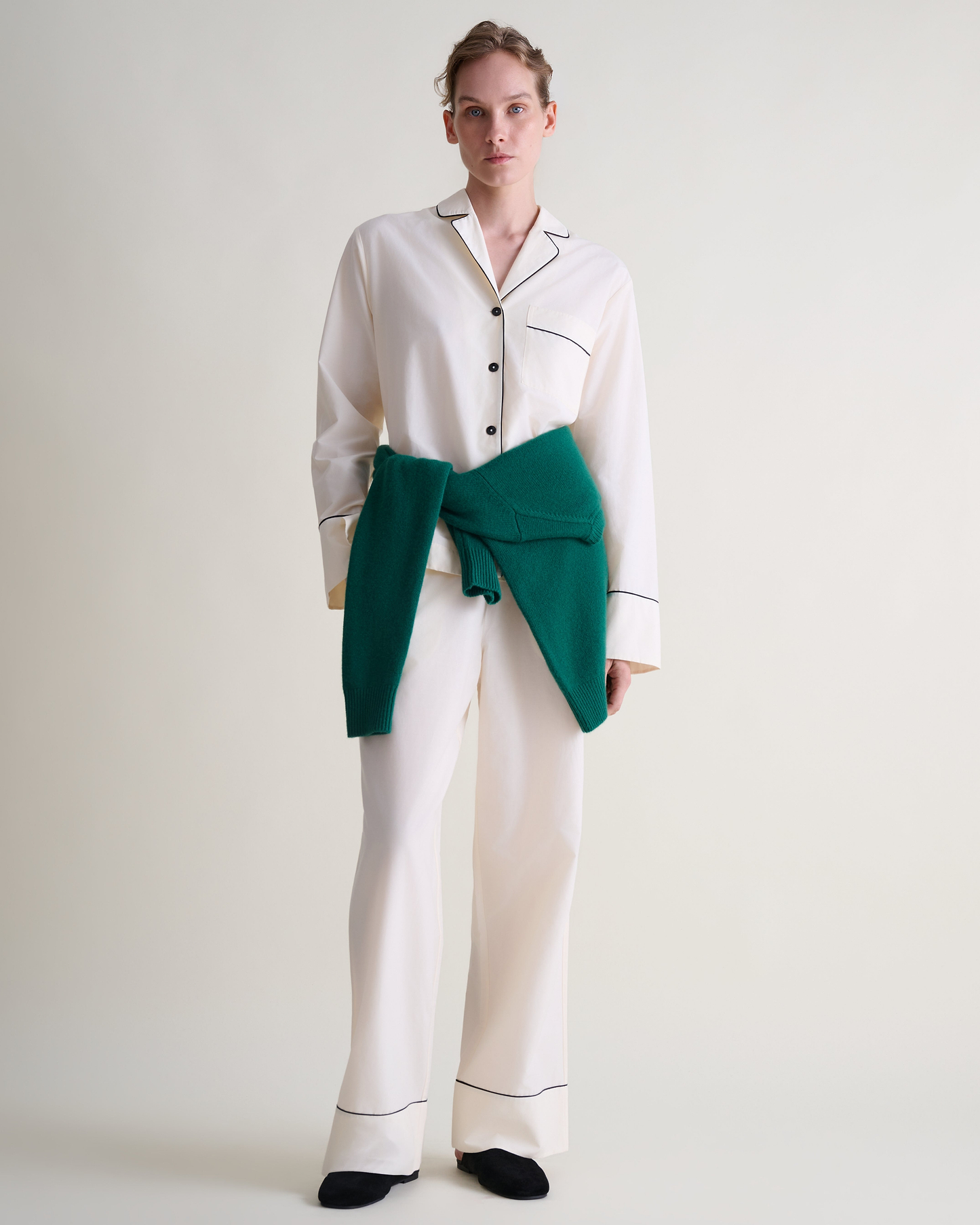 Women's Silk Cotton Pyjama Set - Buttermilk/Black