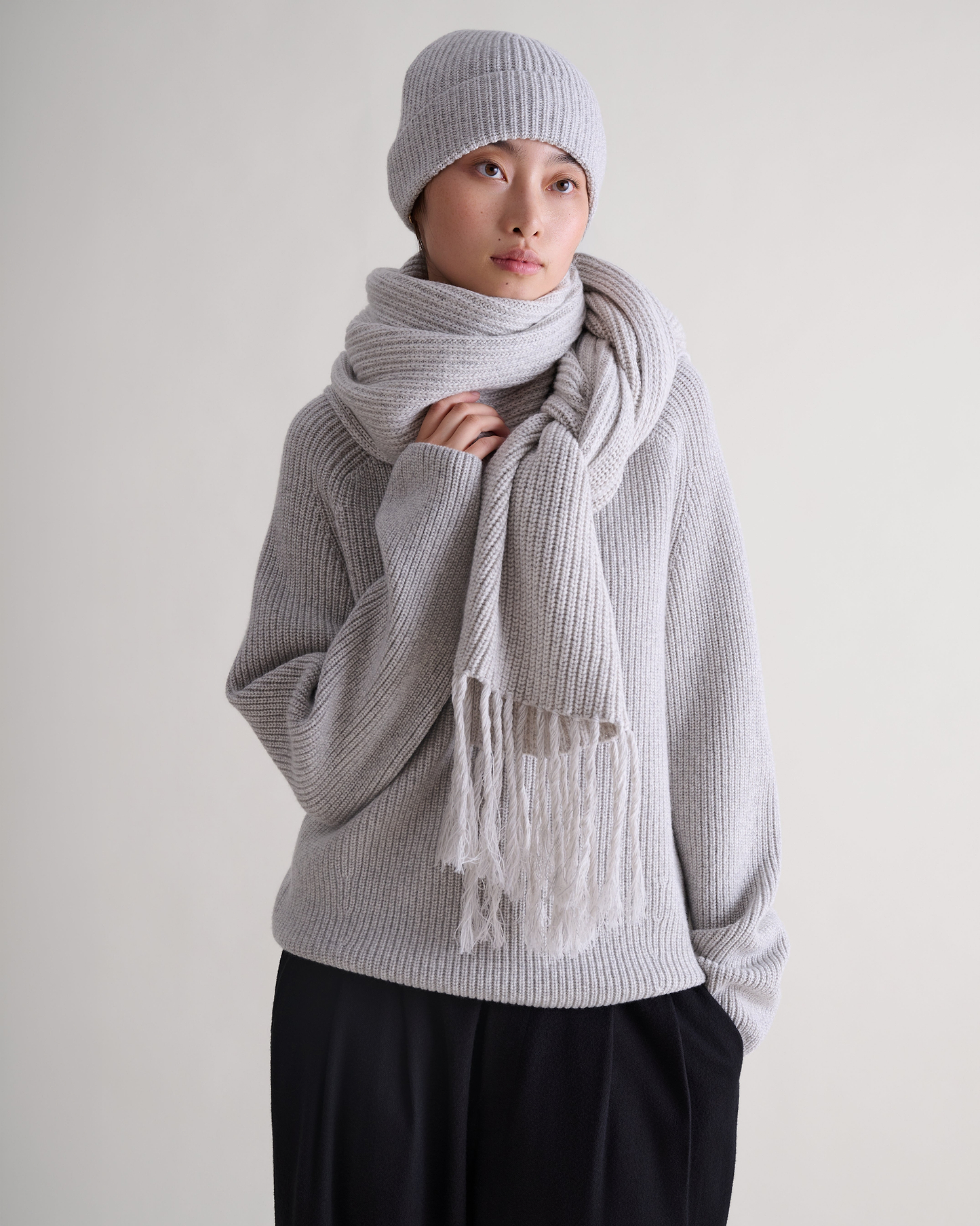 Cashmere Merino Twisted Fringe Wrap - Travertine Moulinee