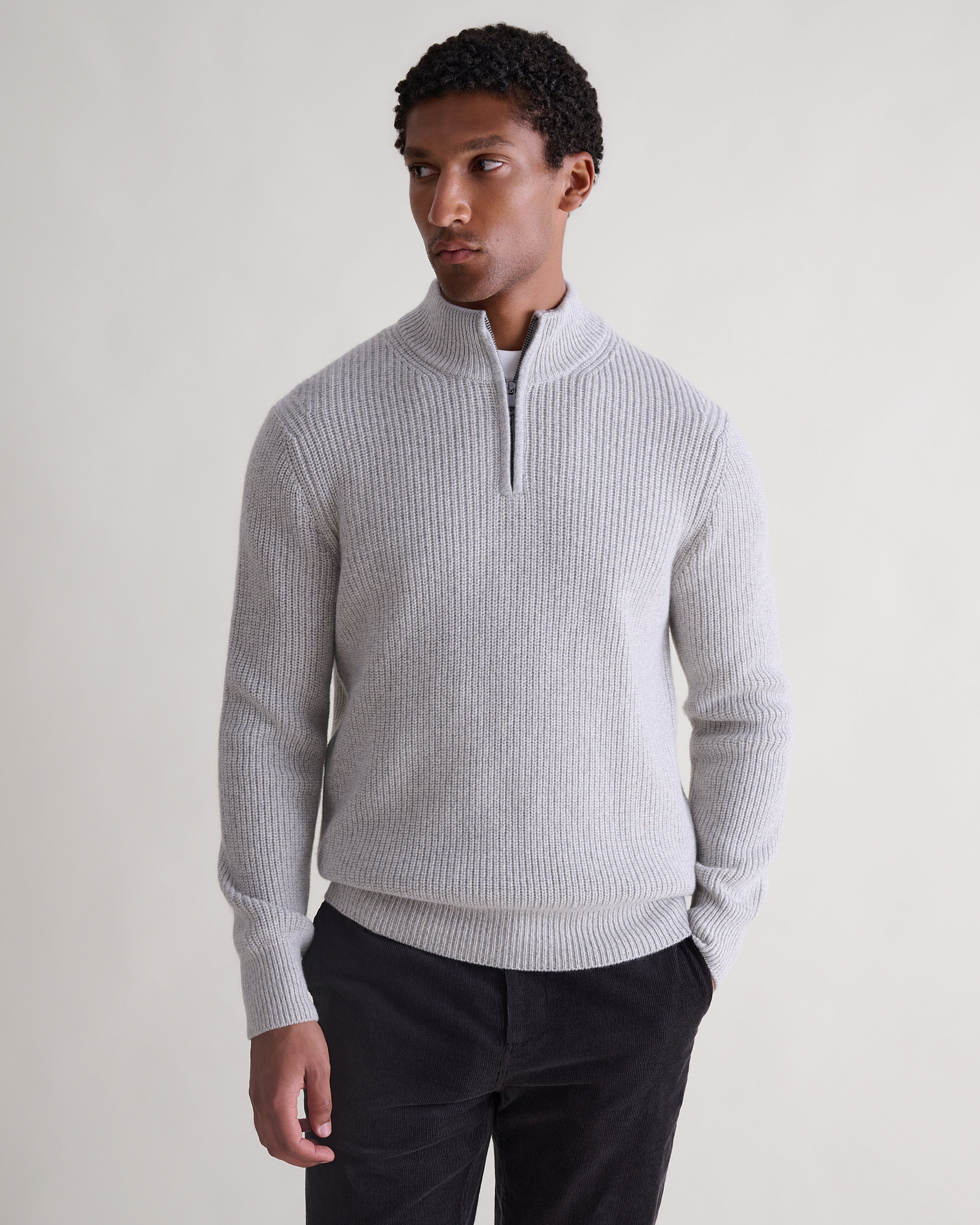 Men's Cashmere Merino Fishermans Rib 1/4 Zip Jumper - Travertine Moulinee