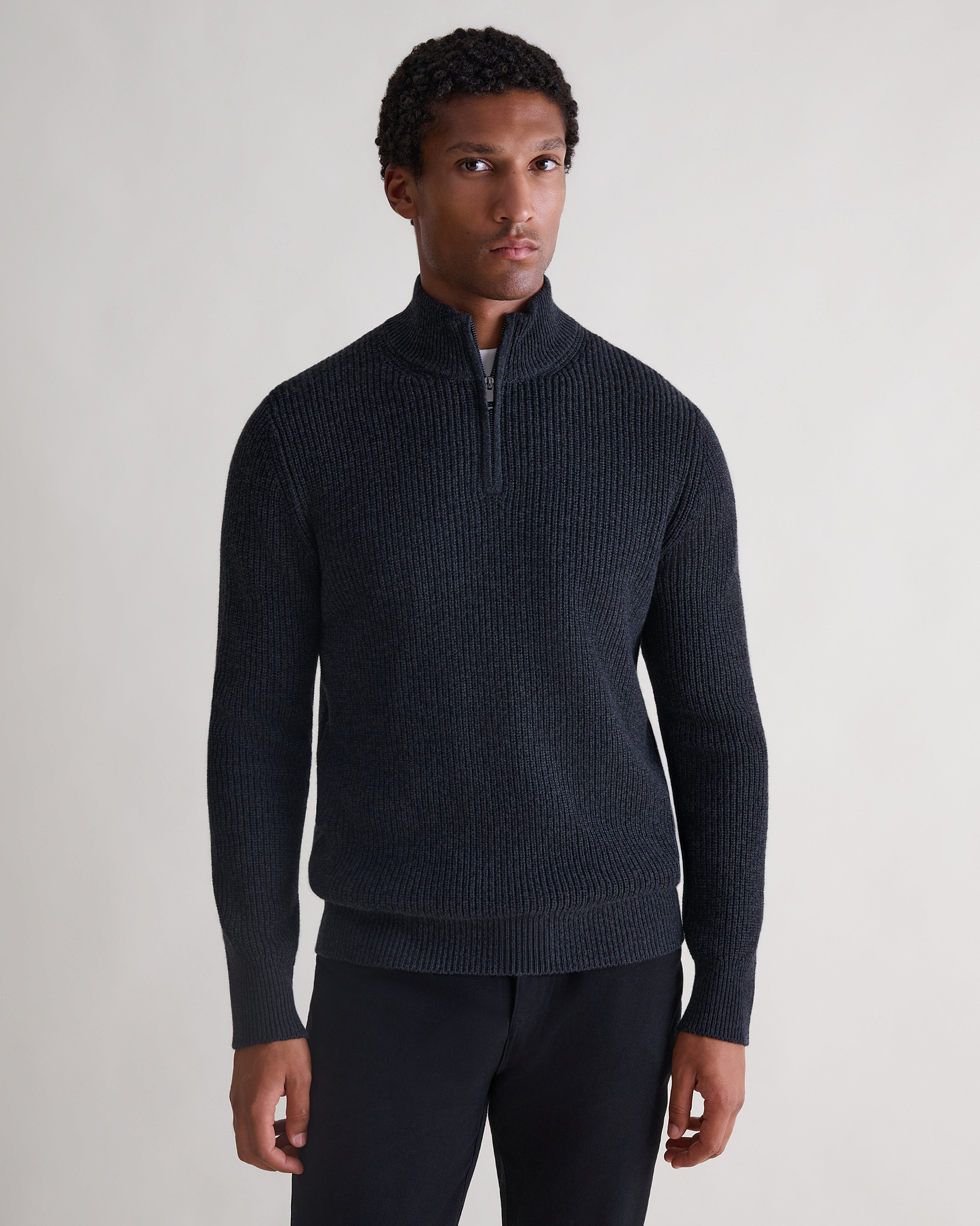 Men's Cashmere Merino Fishermans Rib 1/4 Zip Jumper - Charcoal