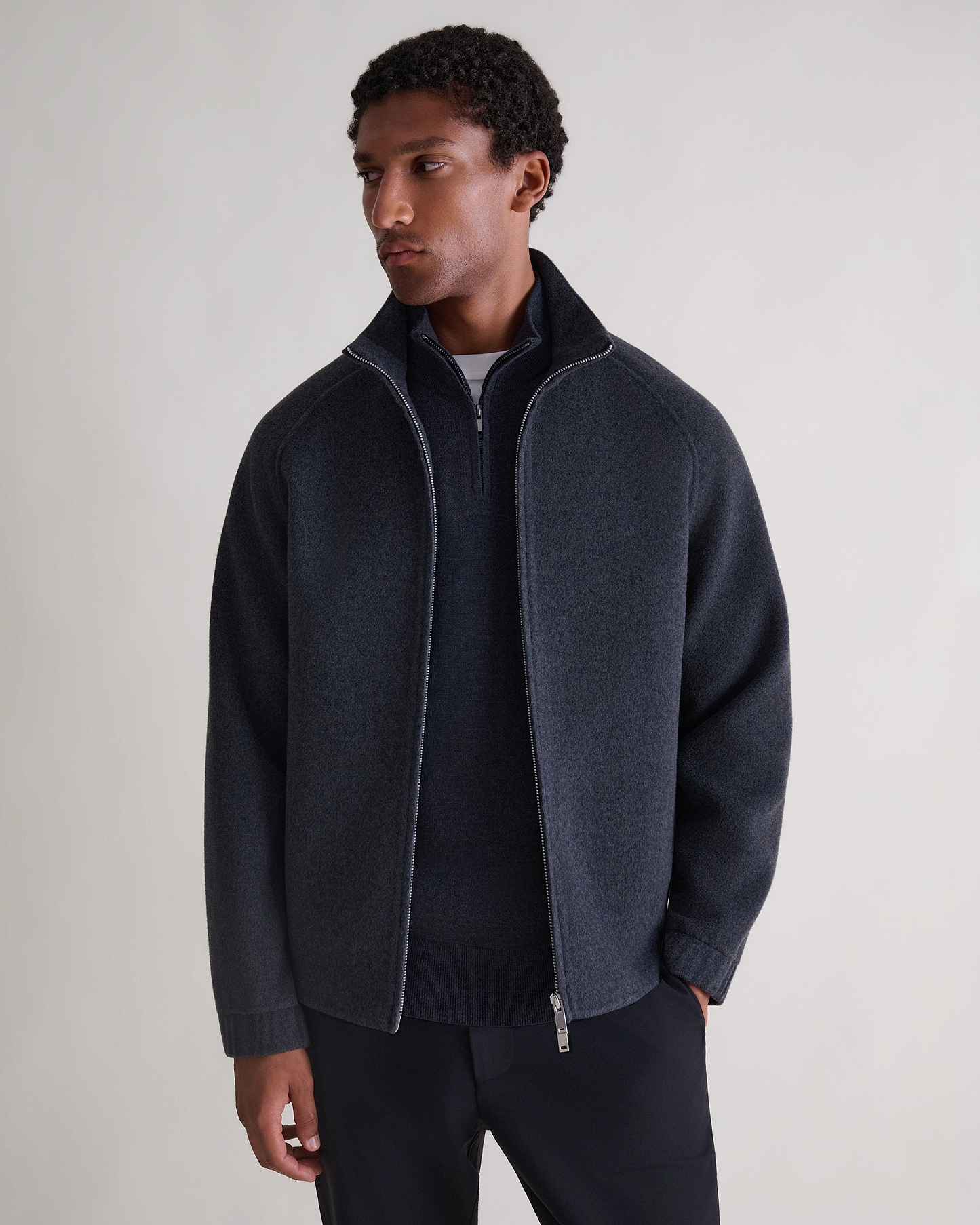 Men's Cashmere Wool Double Faced Bomber Jacket - Charcoal