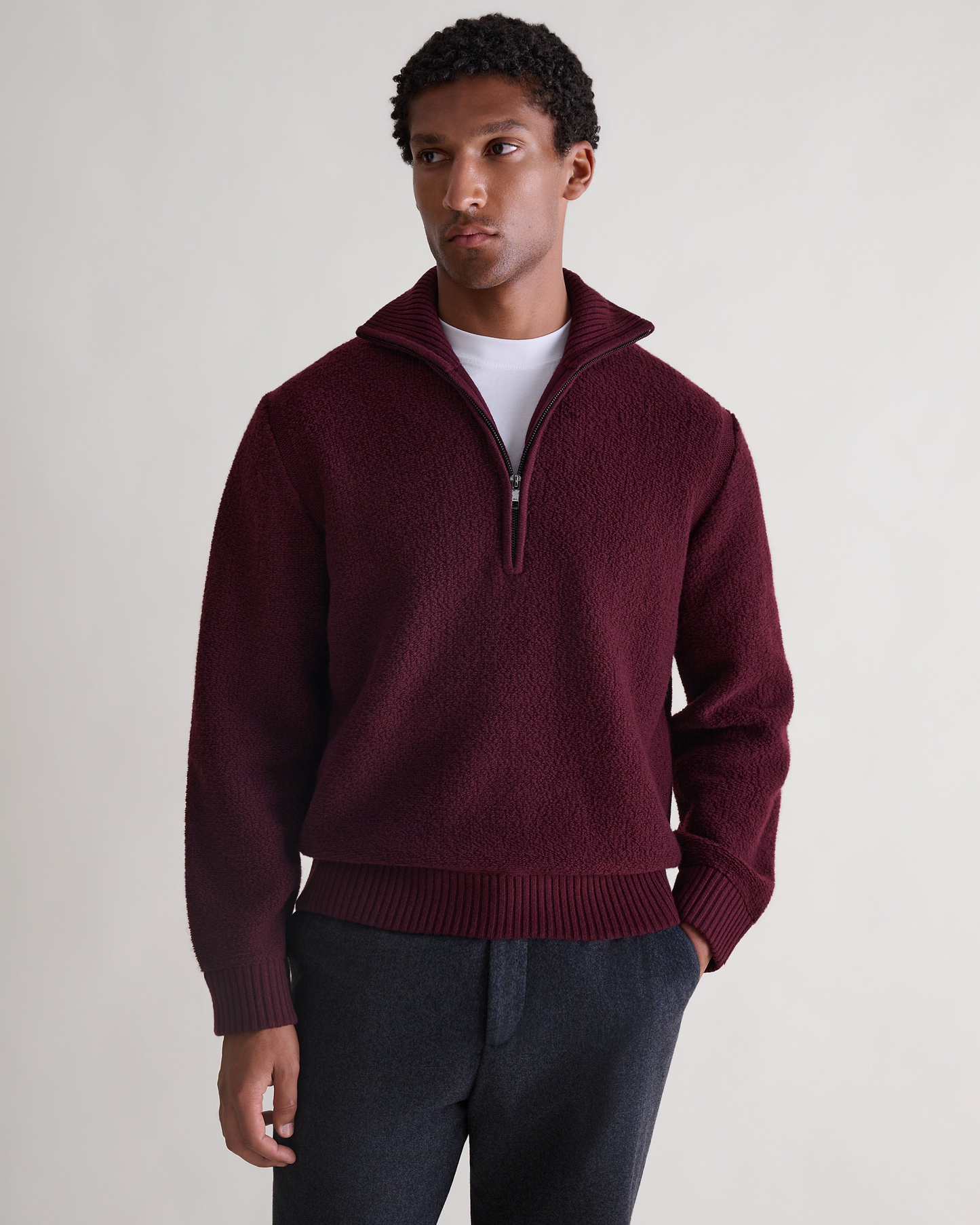 Merino Wool Loop Knit 1/4 Zip Jumper - Oxblood