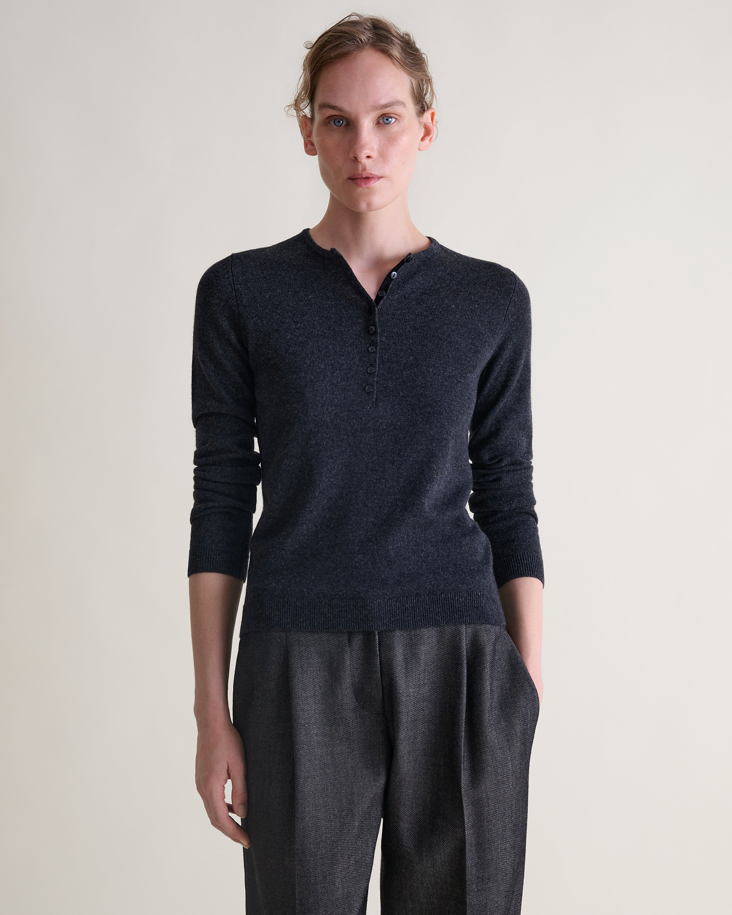 Women's Cashmere Merino Henley Jumper - Charcoal