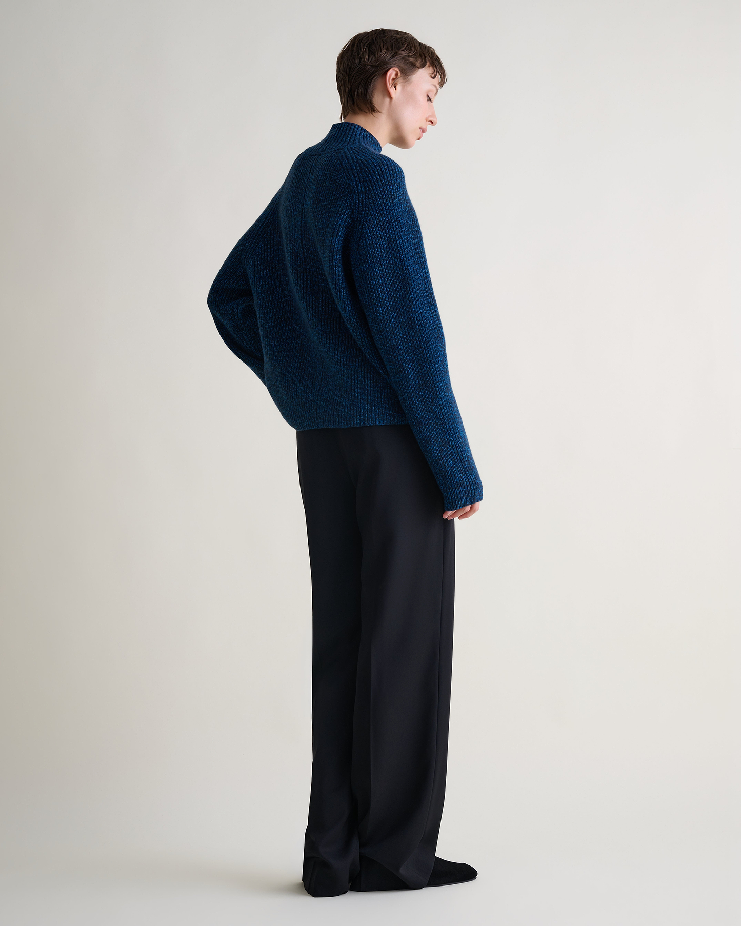Women's Cashmere Merino Ribbed High Neck Jumper - Mood Indigo Moulinee