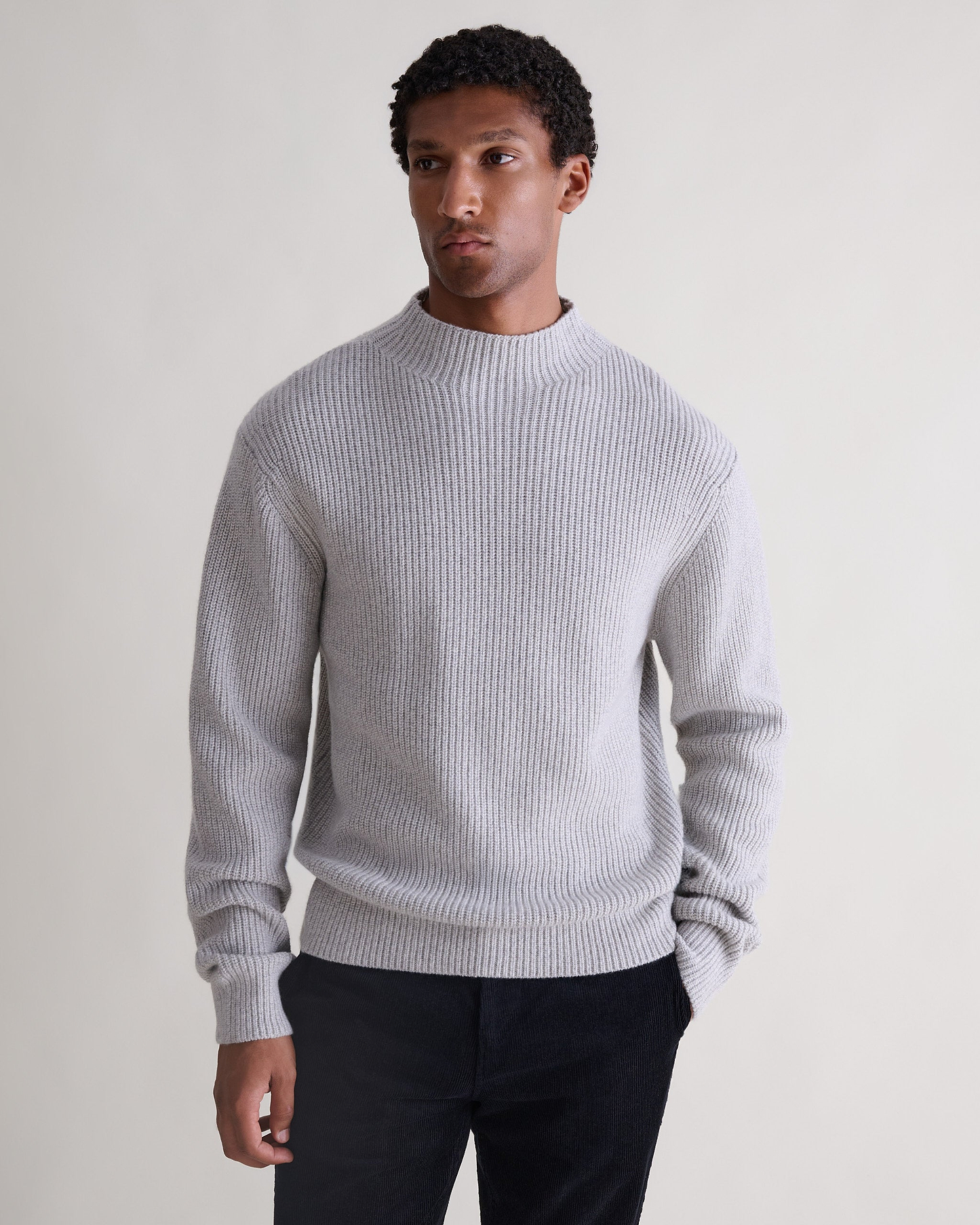 Men's Cashmere Merino Stand Neck Jumper - Travertine Moulinee