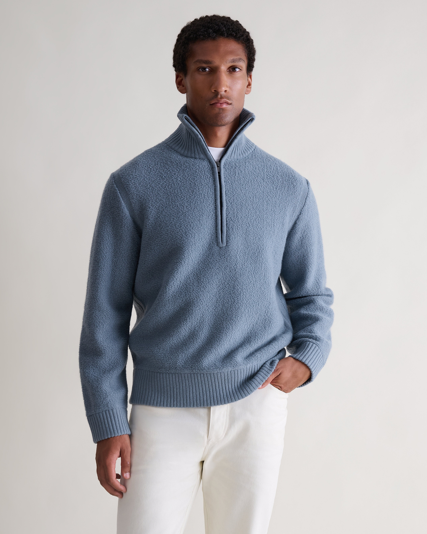 Merino Wool Loop Knit 1/4 Zip Jumper - Steel Blue
