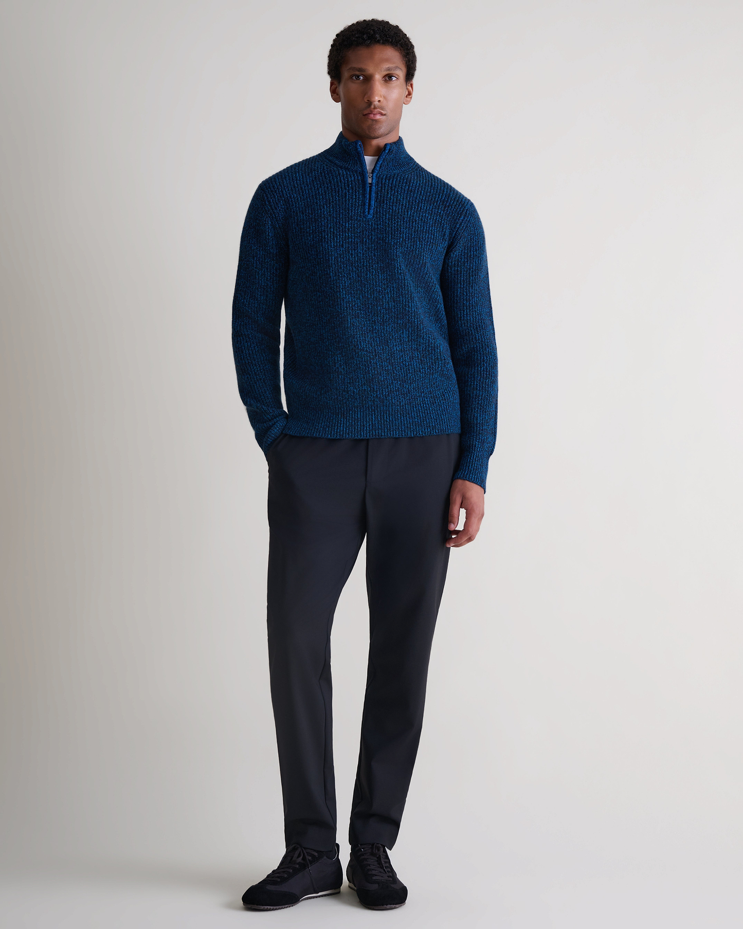 Men's Cashmere Merino Fishermans Rib 1/4 Zip Jumper - Mood Indigo Moulinee