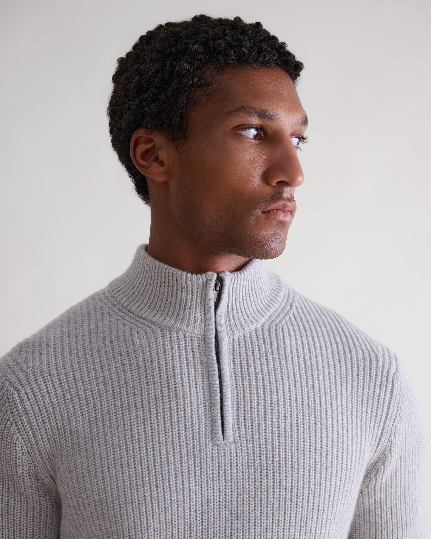 Men's Cashmere Merino Fishermans Rib 1/4 Zip Jumper - Travertine Moulinee