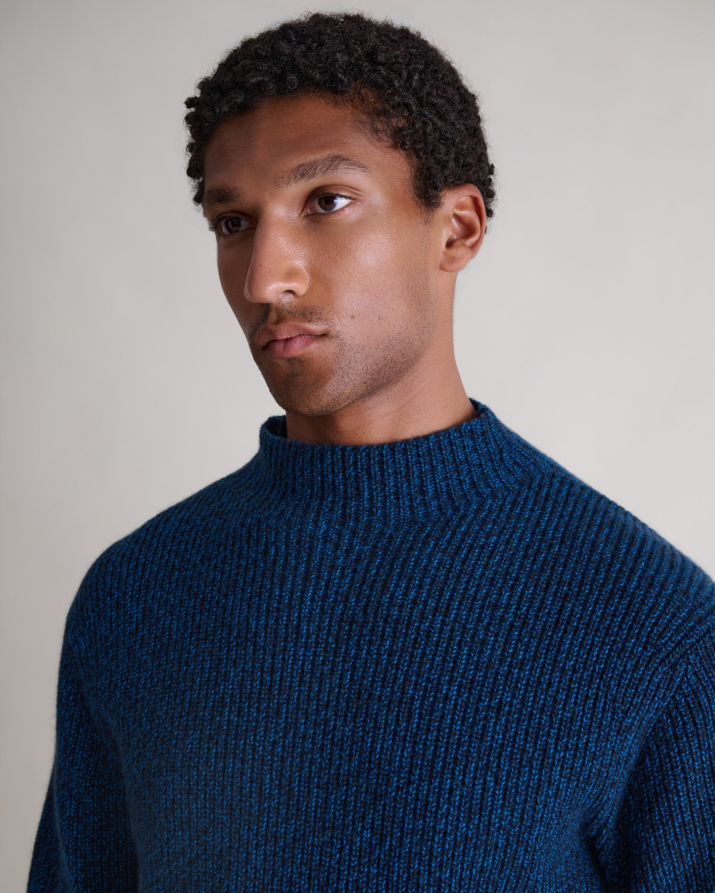 Men's Cashmere Merino Stand Neck Jumper - Mood Indigo Moulinee