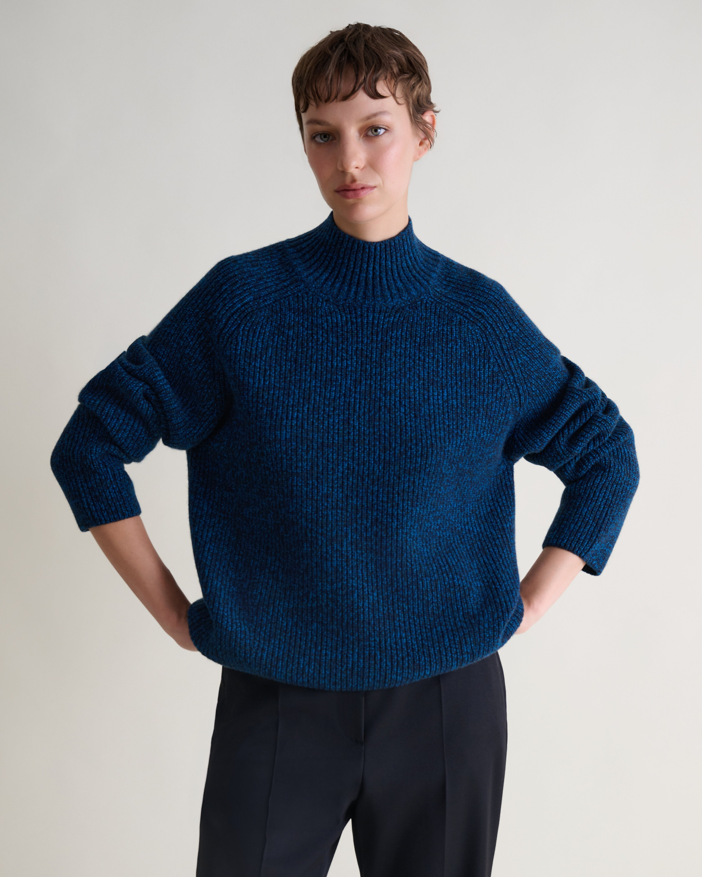 Women's Cashmere Merino Ribbed High Neck Jumper - Mood Indigo Moulinee