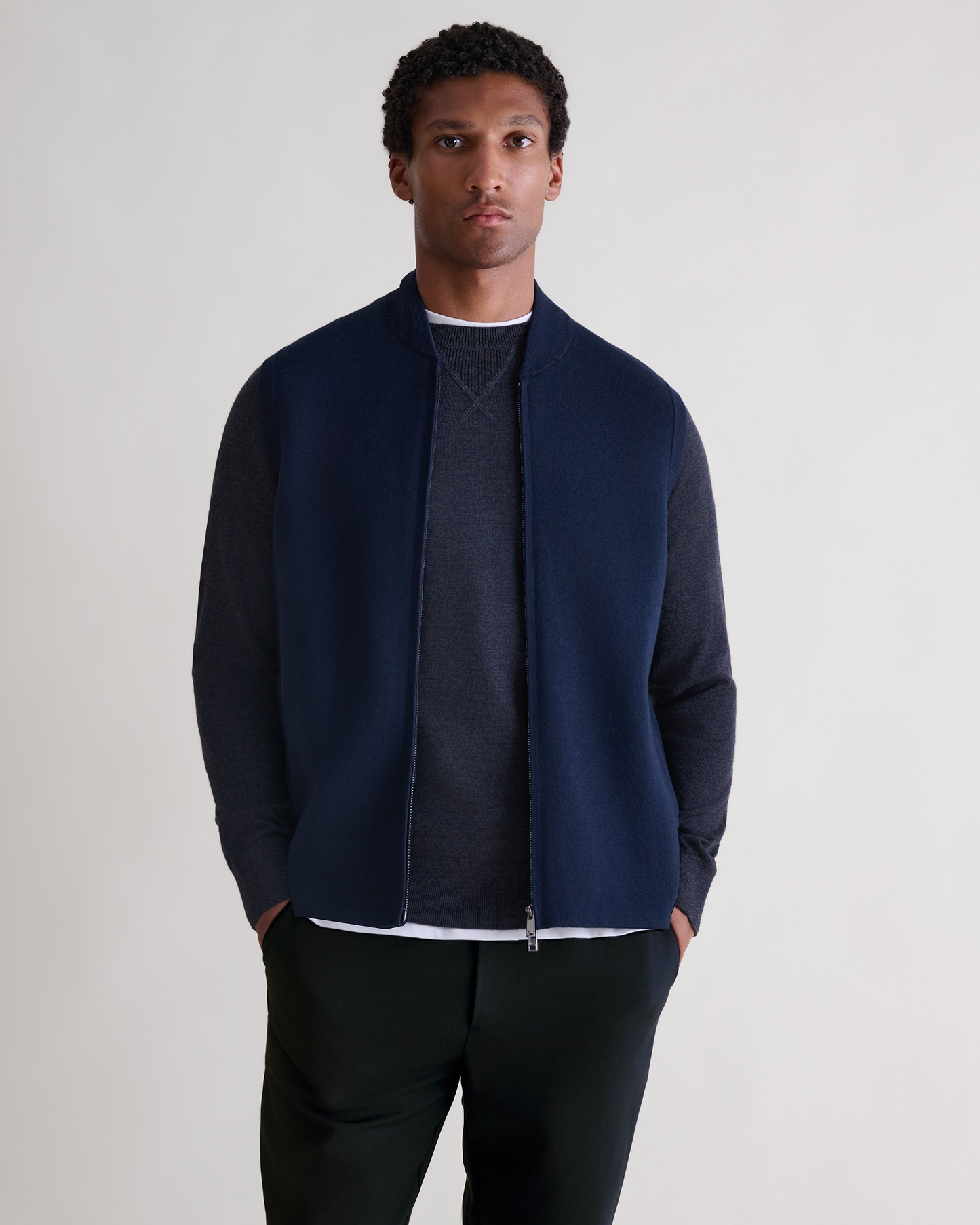 Men's Merino Cotton Zip Gilet - Mood Indigo/Walnut