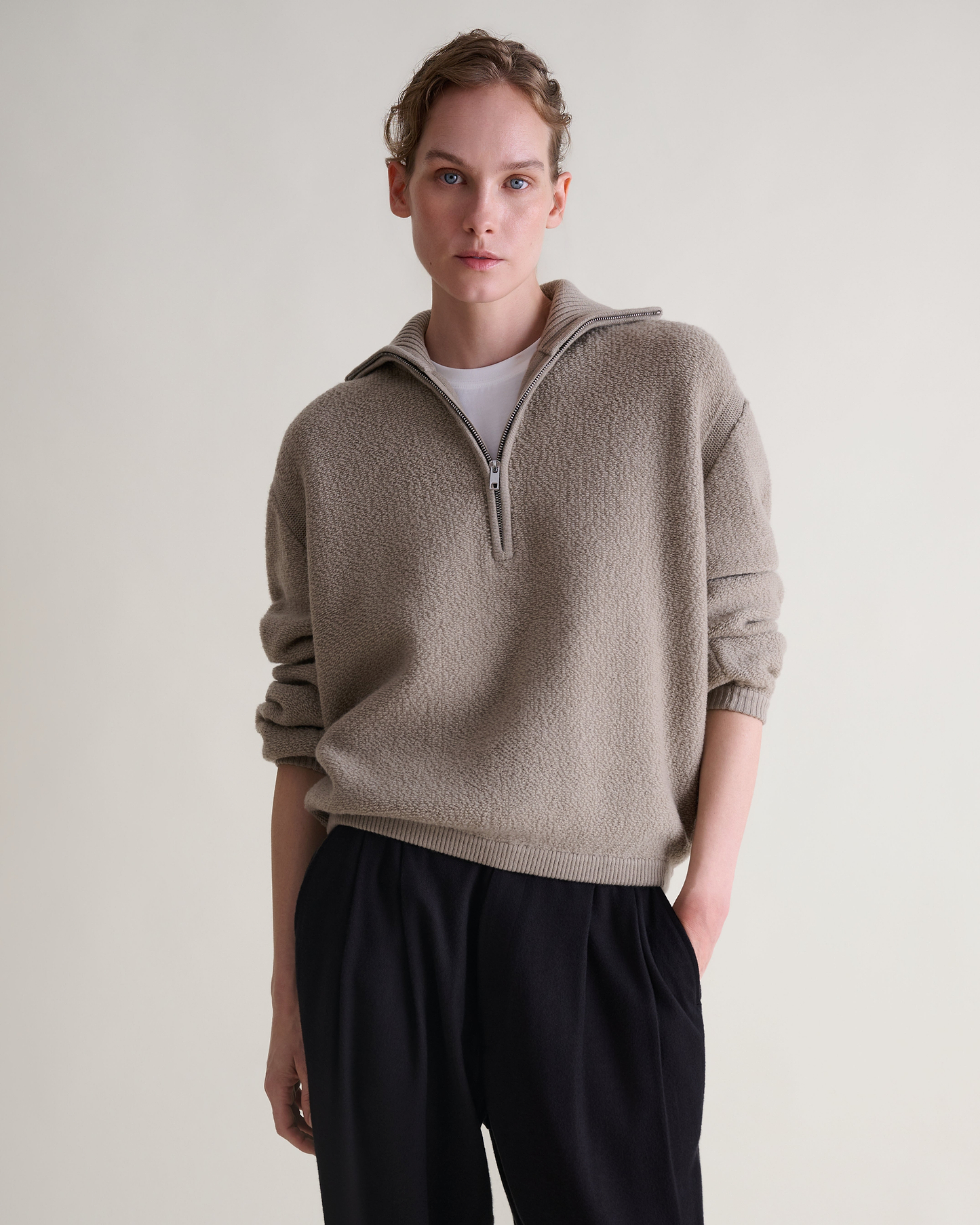 Women's Merino Wool Loop Knit Funnel Neck Jumper - Putty