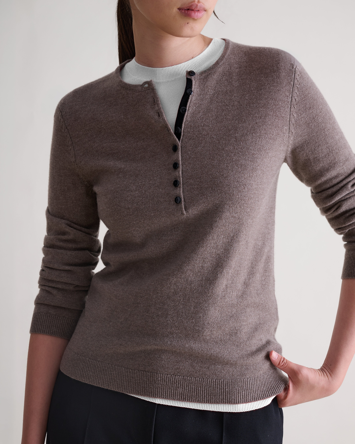 Women's Cashmere Merino Henley Jumper - Mole