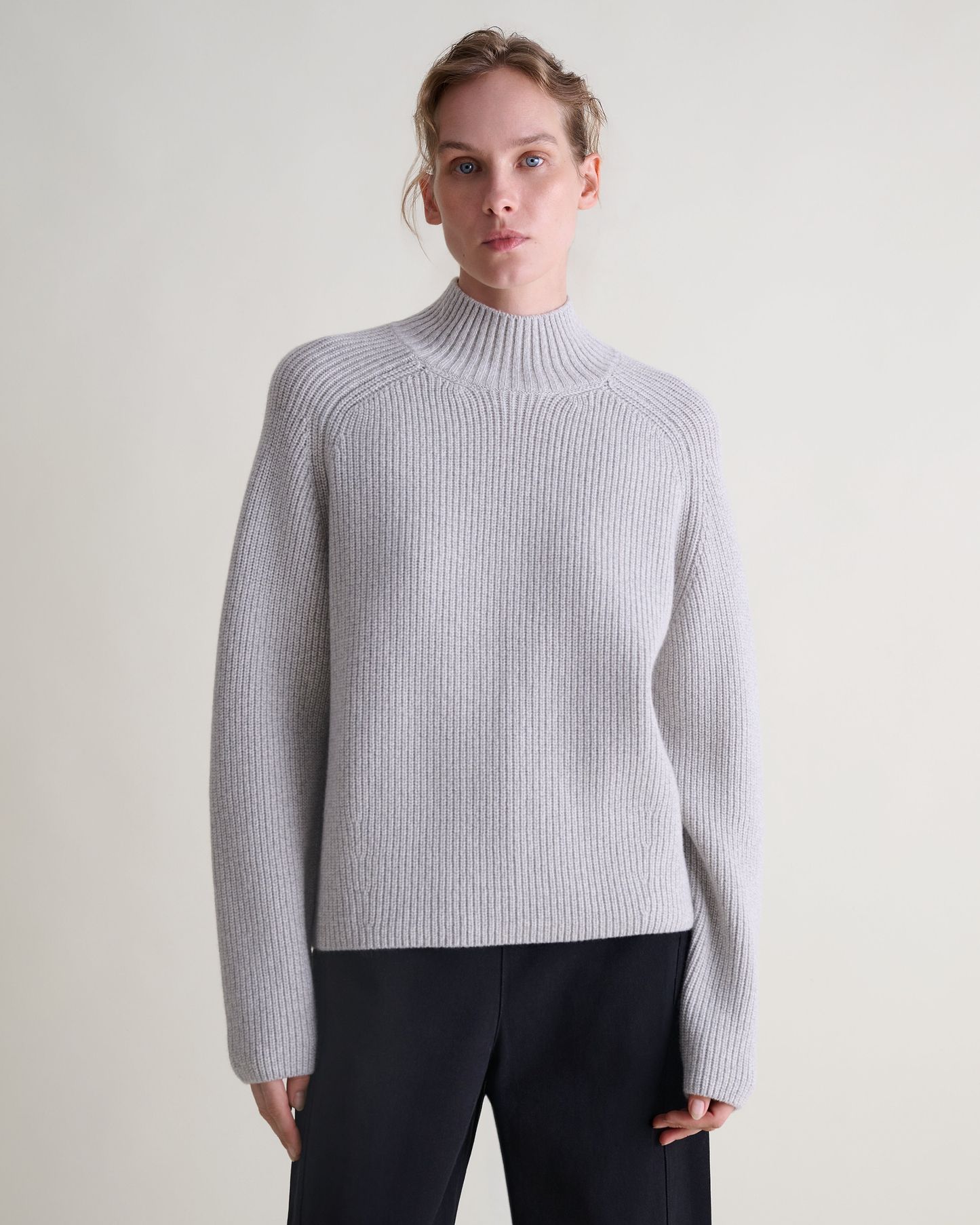 Women's Cashmere Merino Ribbed High Neck Jumper - Travertine Moulinee