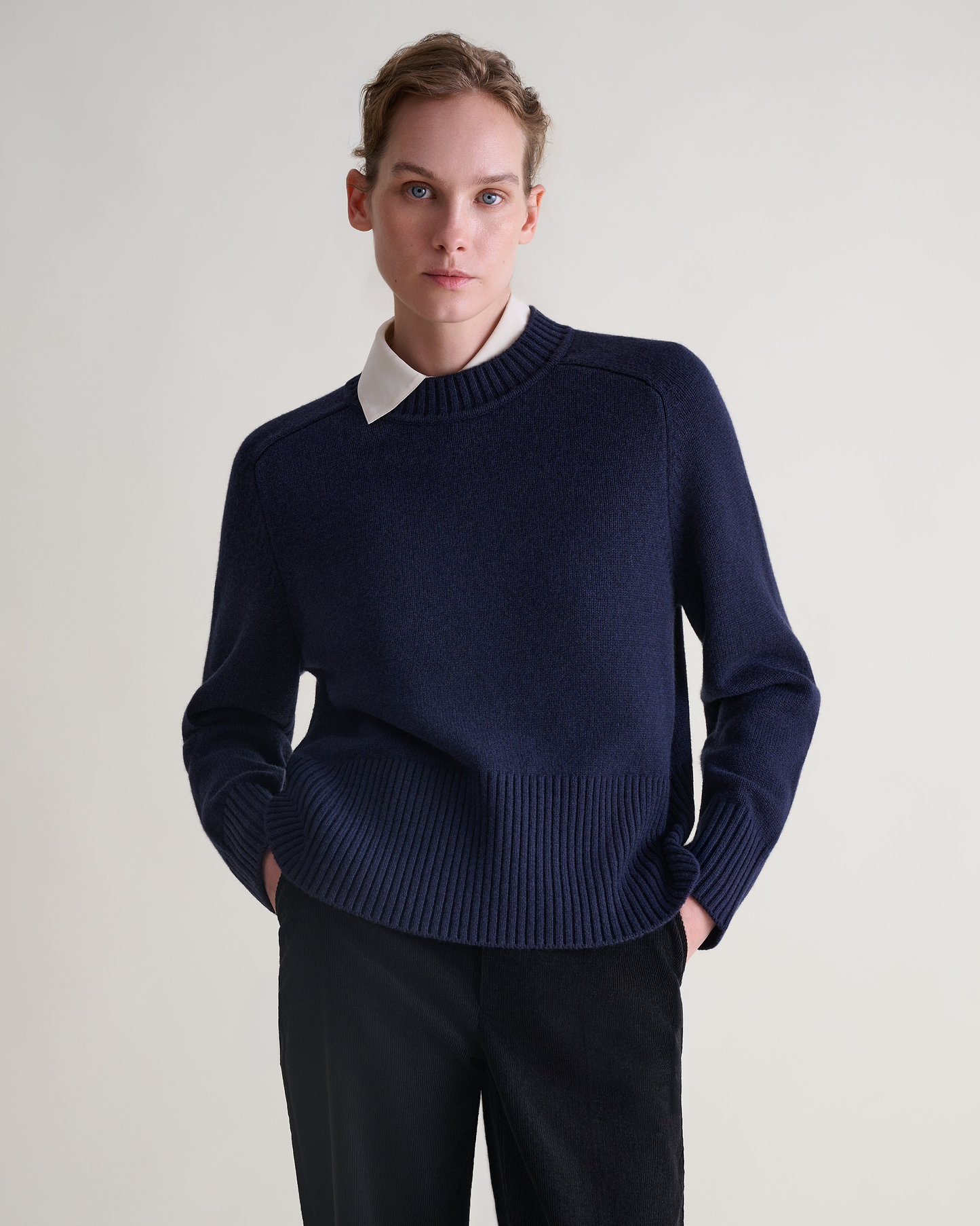 Women's Cashmere Merino Saddle Sleeve Crew Neck Jumper - Mood Indigo