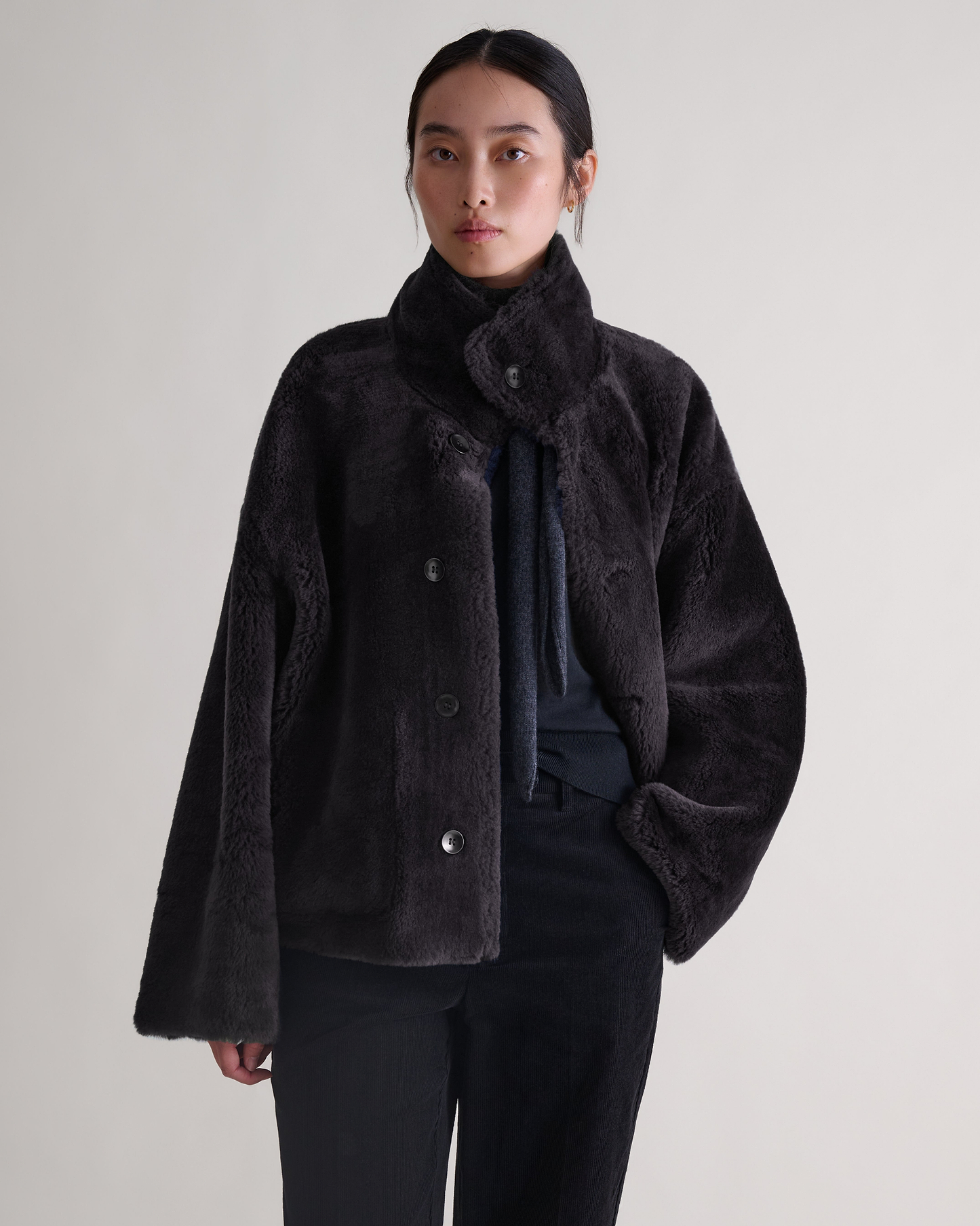 Women's Reversible Shearling Funnel Neck Jacket - Espresso