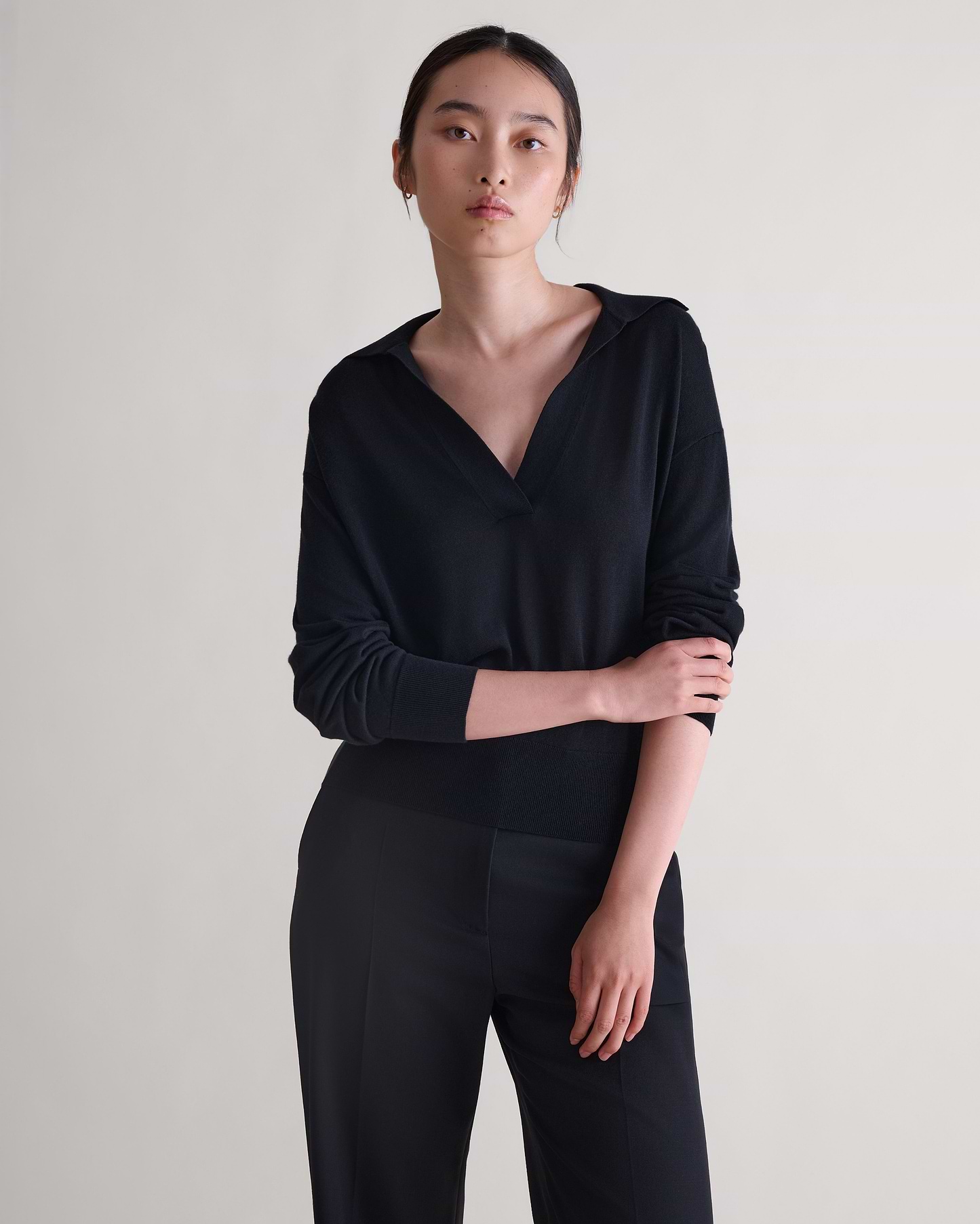 Women's TENCEL™ Cashmere Open Collar Polo - Black