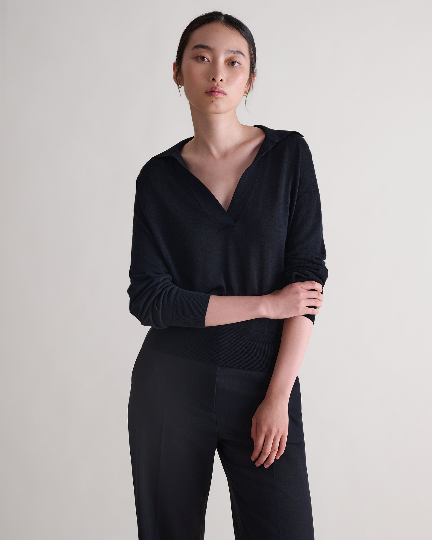Women's TENCEL™ Cashmere Open Collar Polo - Black