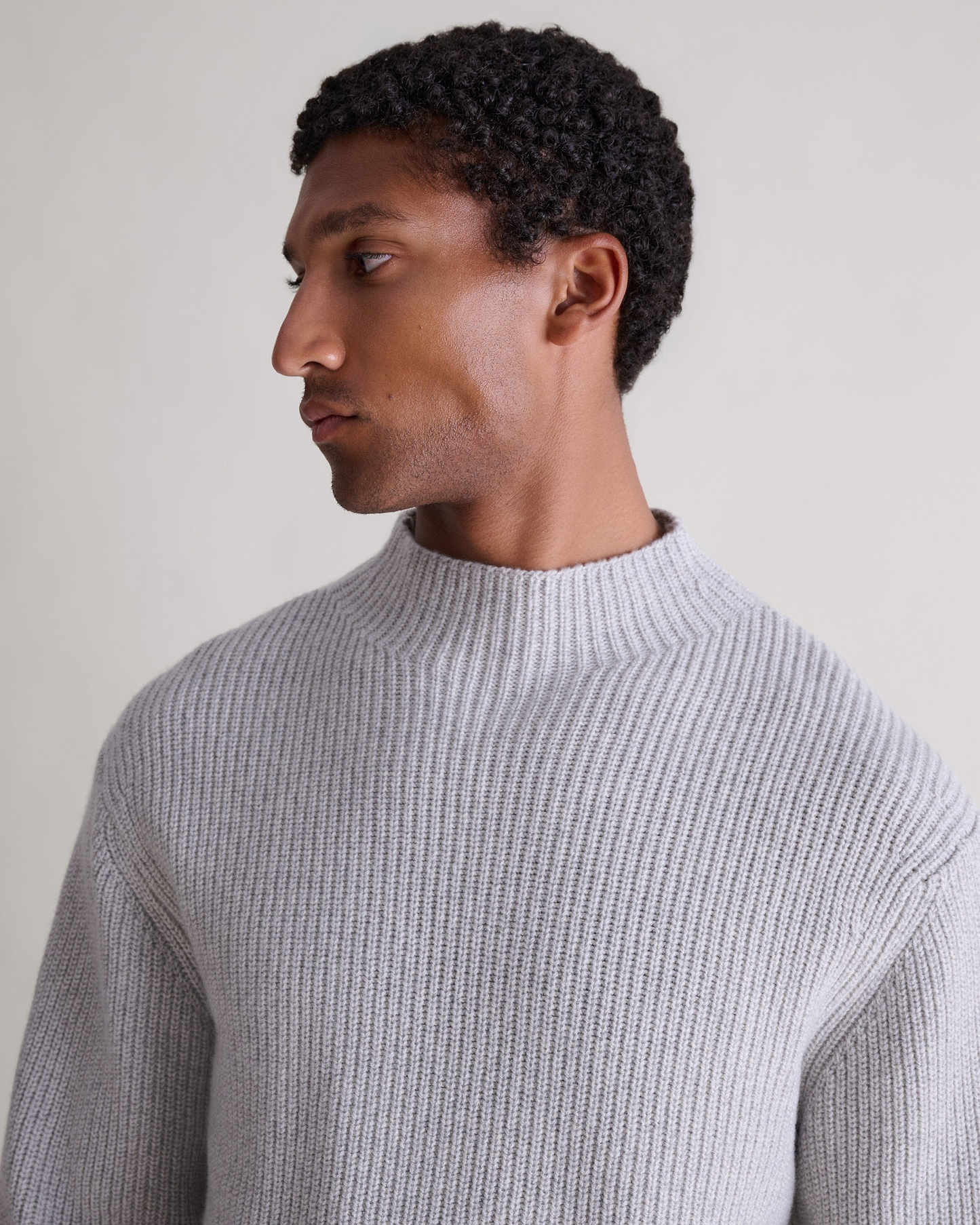 Men's Cashmere Merino Stand Neck Jumper - Travertine Moulinee